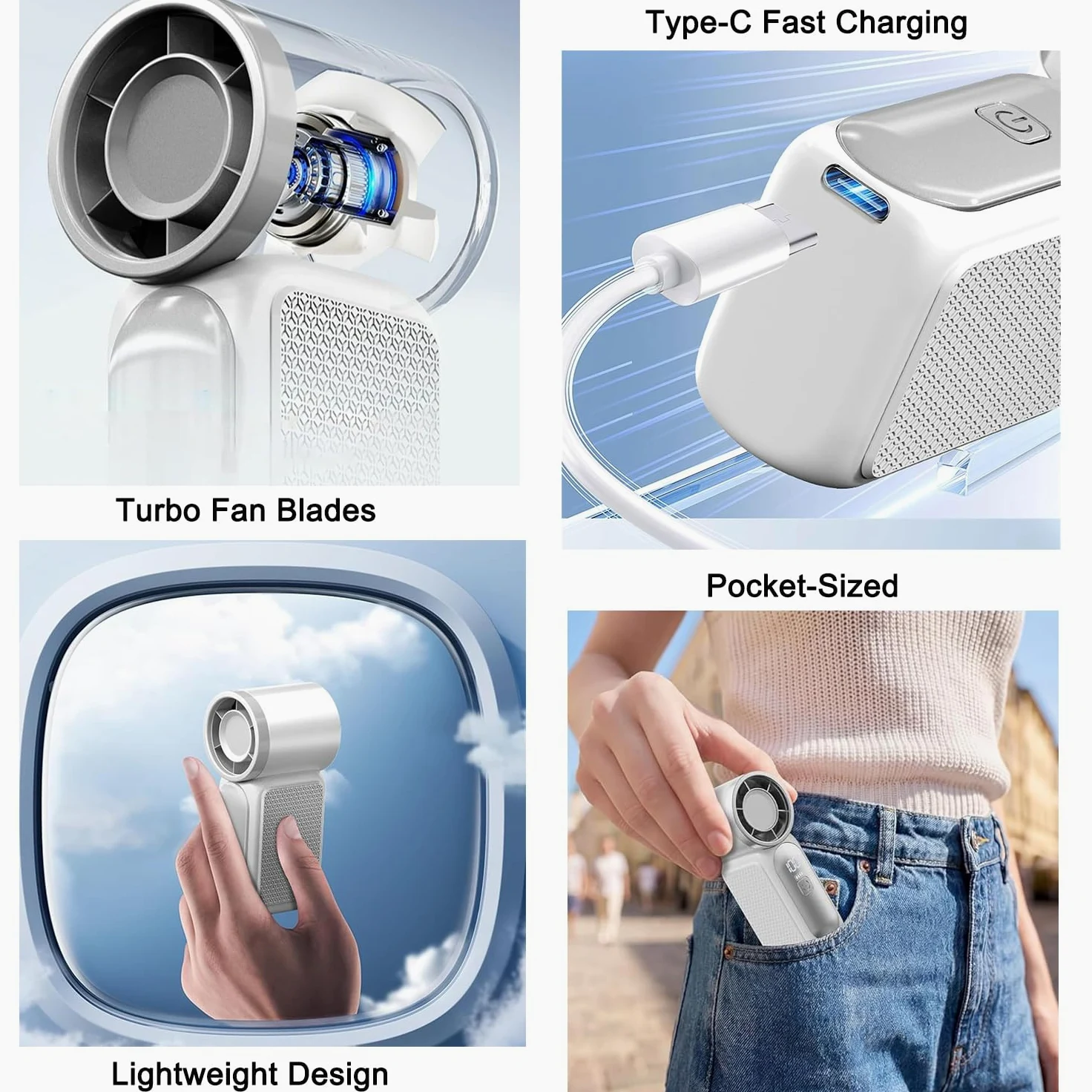 XJBTBA Mini Ventilatore Portatile Portatile, 6 velocità 16900 Giri/min Alta velocità Essenziale Personale Estivo con Display LED, Ricaricabile Tramite USB, con Cordino per Trucco, Viaggi, attività