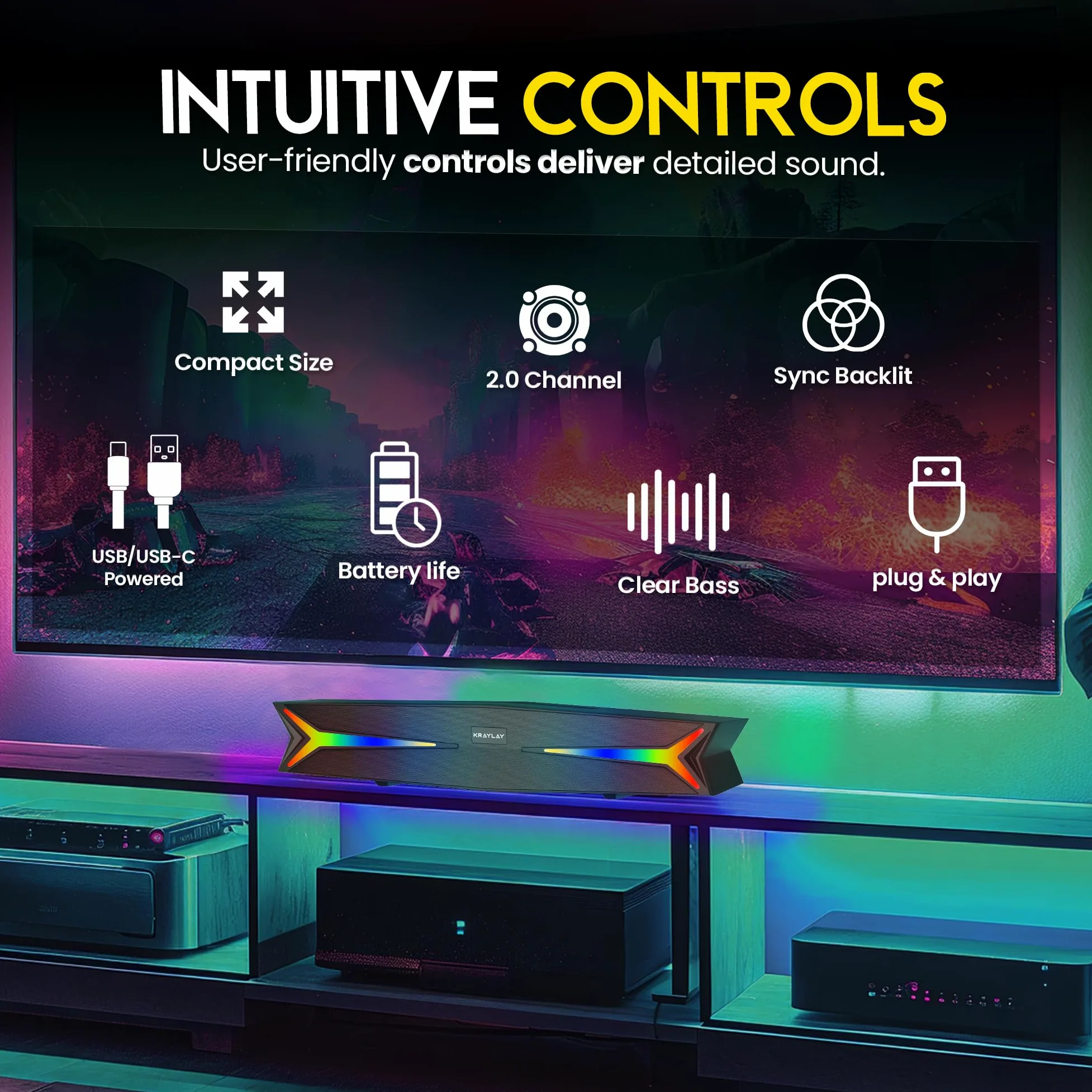 Soundbar desktop per computer da 15,5 pollici, soundbar Bluetooth con luci LED RGB, bassi trasparenti, AUX, USB, USB-C, soundbar per proiettori, TV, smartphone, console di gioco e laptop