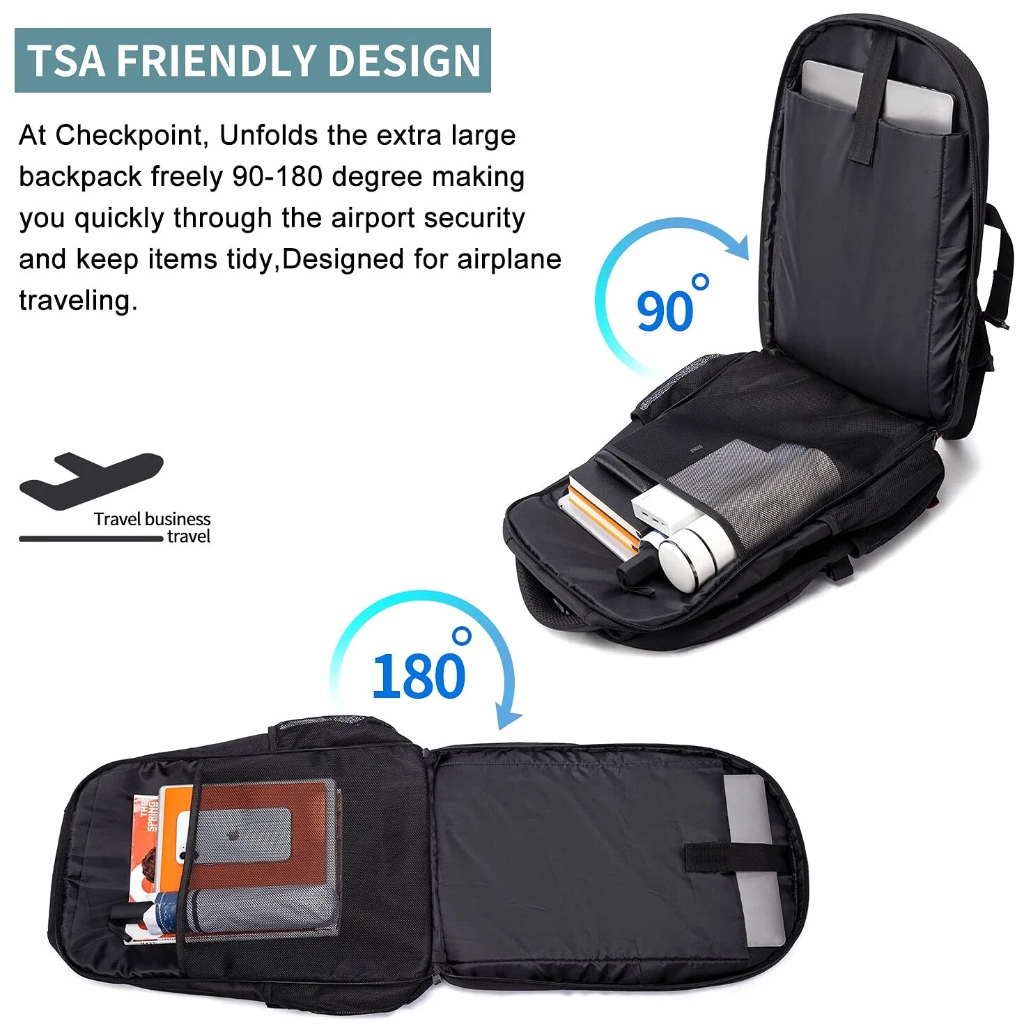 HILUSEN Zaino Uomo Grande 50L, Porta PC 17.3 Pollici Lavoro Impermeabile Pranzo Zaino con Caricatore USB, Laptop Computer Notebook Zaini per PC Portatili Viaggio Ufficio Scuola Università-Nero