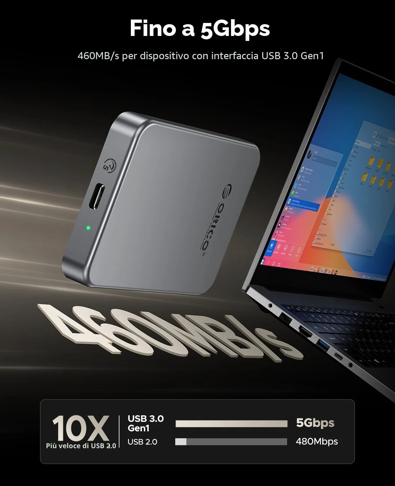 ORICO 1 TB Magnetic Portable SSD, 4K 120 fps ProRes HDR Record and Store, USB3.2 Gen1 Fino a 460MB/s, Cavo USB C&A 2 in 1, SSD esterno compatibile con iPhone 16/15 Pro Max, Tablet, Computer - K5PLUS