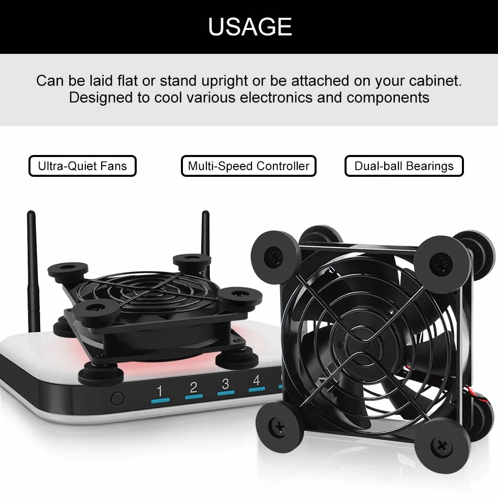 2 mini ventilatore USB da 80 mm, controllo multi-velocità, riduzione del calore per router, console di gioco, TV Box, destinatario, modem, DVR, PlayStation, cabina AV