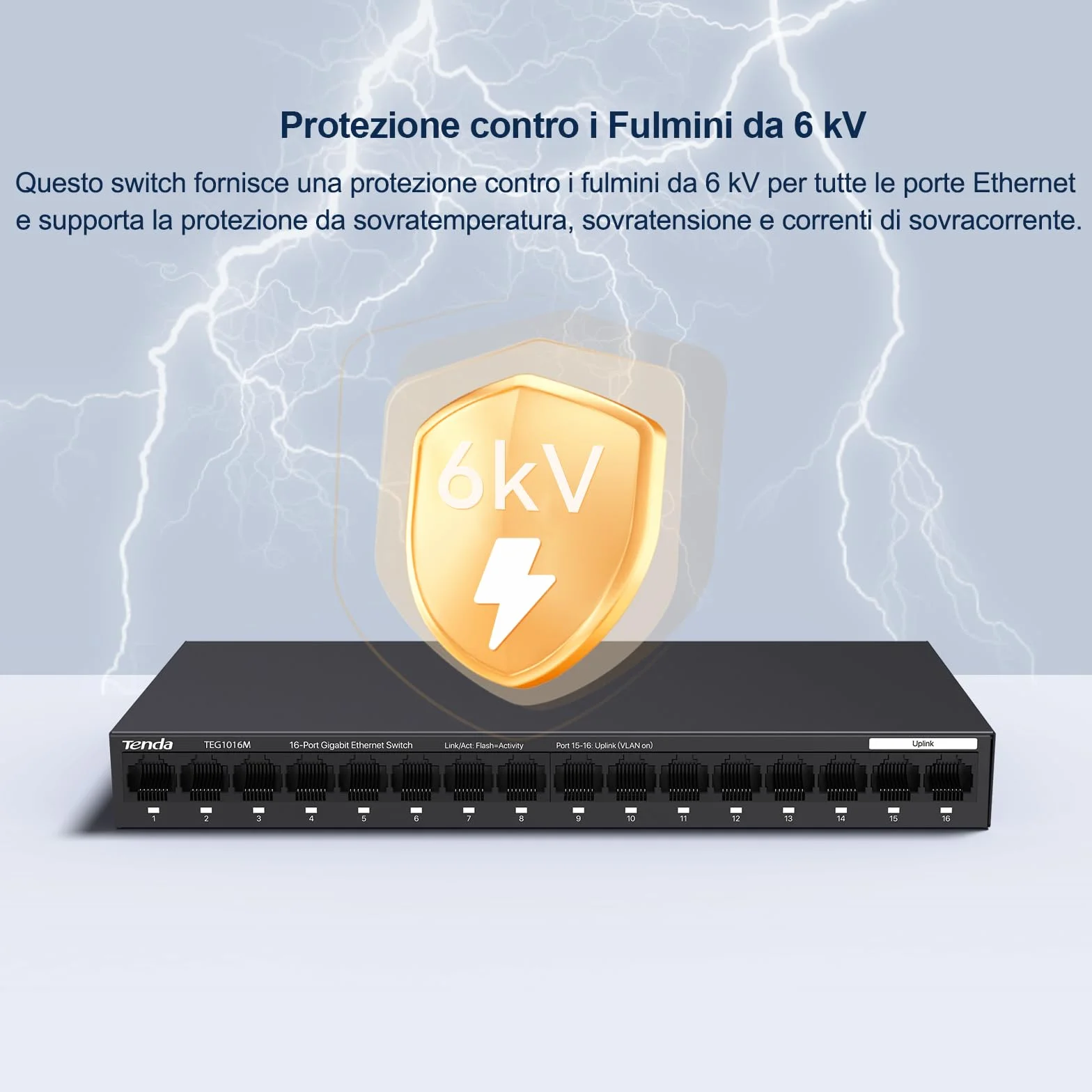Tenda Switch Ethernet 16 Porte Gigabit, Switch Gigabit 10/100/1000 Mbps, Switch Rete Montaggio Desktop o a Parete, Unmanaged, Plug & Play, VLAN a Una Chiave, Struttura in Acciaio(TEG1016M)