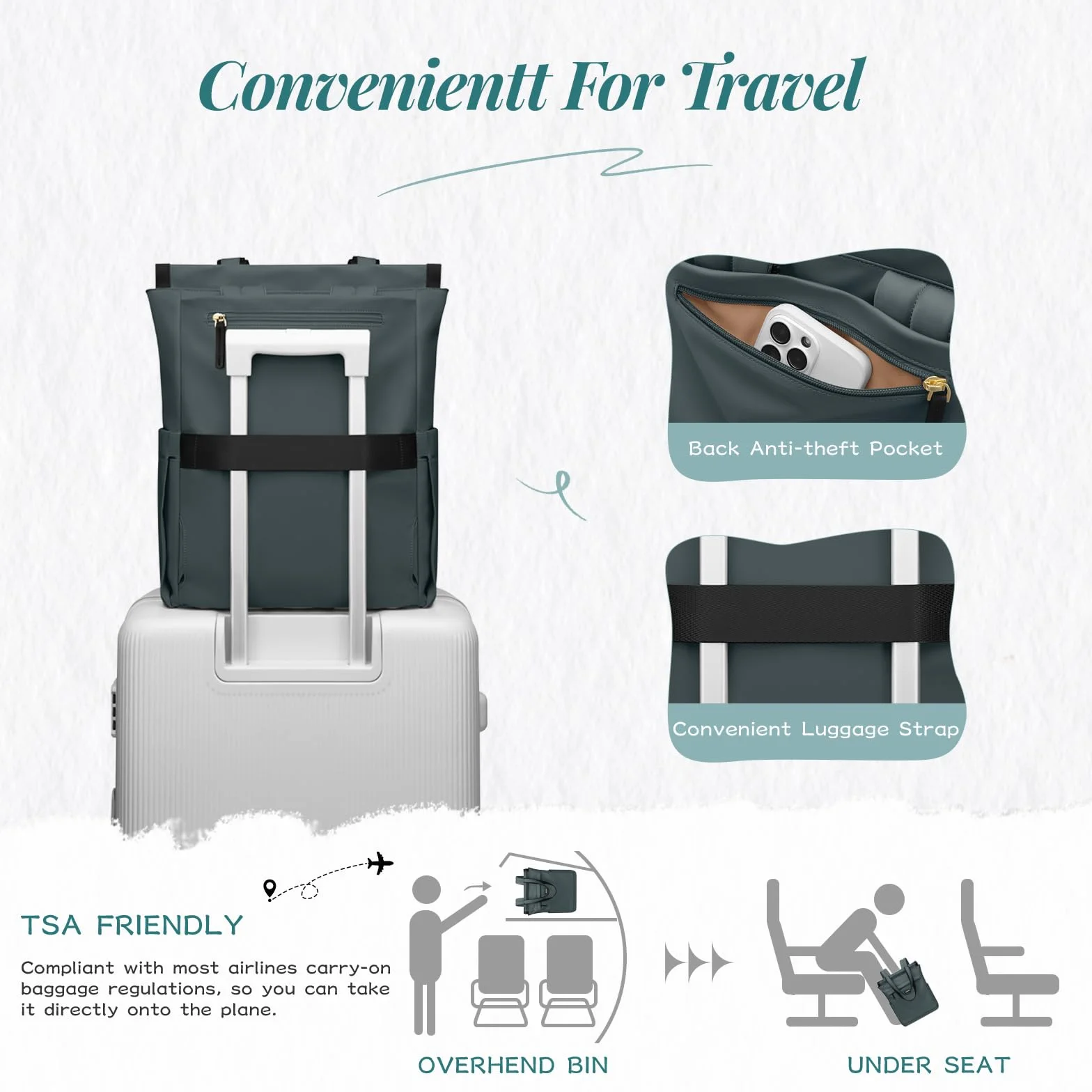 GOLF SUPAGS Borsa per Notebook Convertibile, Zaino per Laptop da Donna con Scomparto per Laptop, Borsa a Tracolla Viaggio Moda Casual da 15.6 Pollici, per Università, Lavoro (Verde Scuro)