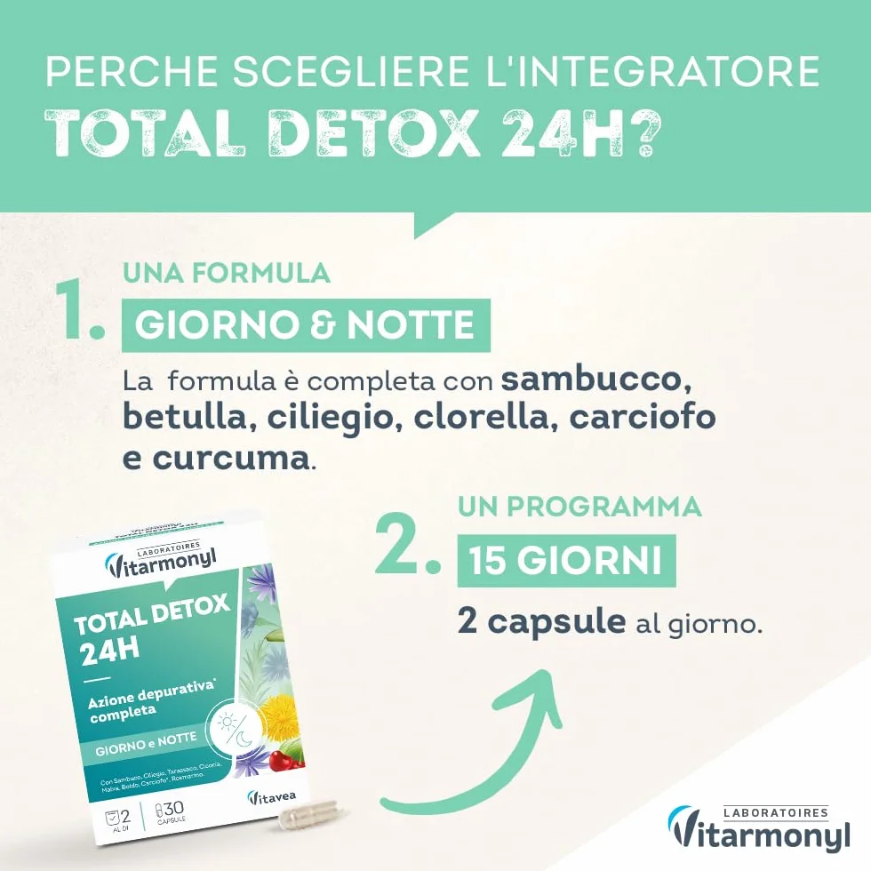 Vitarmonyl Total Detox 24H Drenante Forte Depurativo Fegato e Intestino 30 Capsule