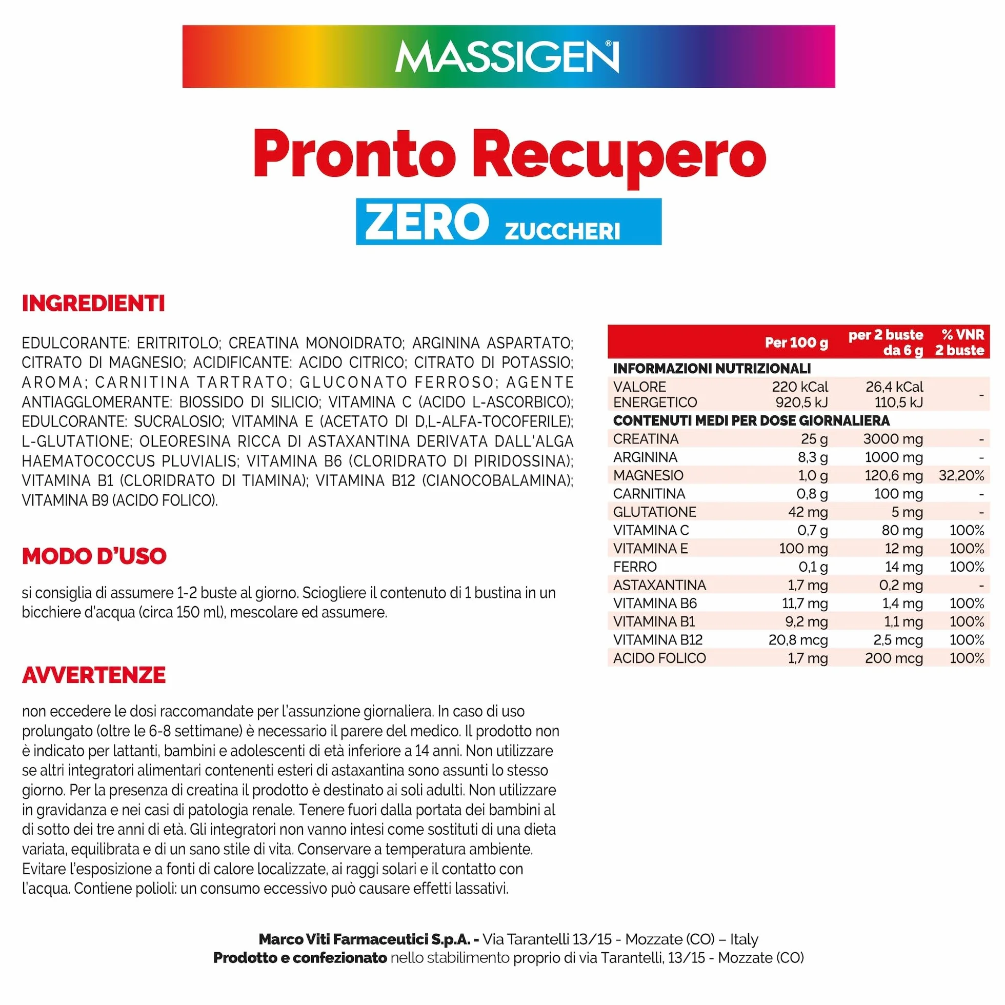 MASSIGEN Pronto Recupero Zero Zuccheri Integratore Tonico Energetico con Carnitina Creatina Arginina 14 Bustine