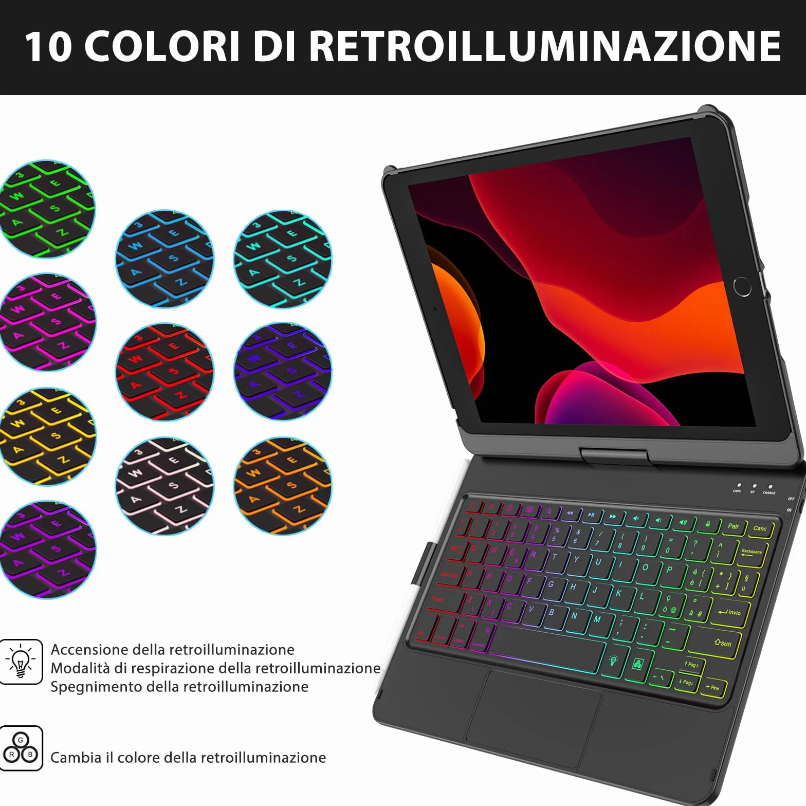 SZO Tastiera per iPad 9 Generazione 10.2 Custodia, Cover per iPad 9a/8a/7a Generazione, 360°Touchpad Flip Cover Rigida Custodia, Tastiera Bluetooth Wireless 7 Retroilluminazione, Auto Sleep/Wake, Nero