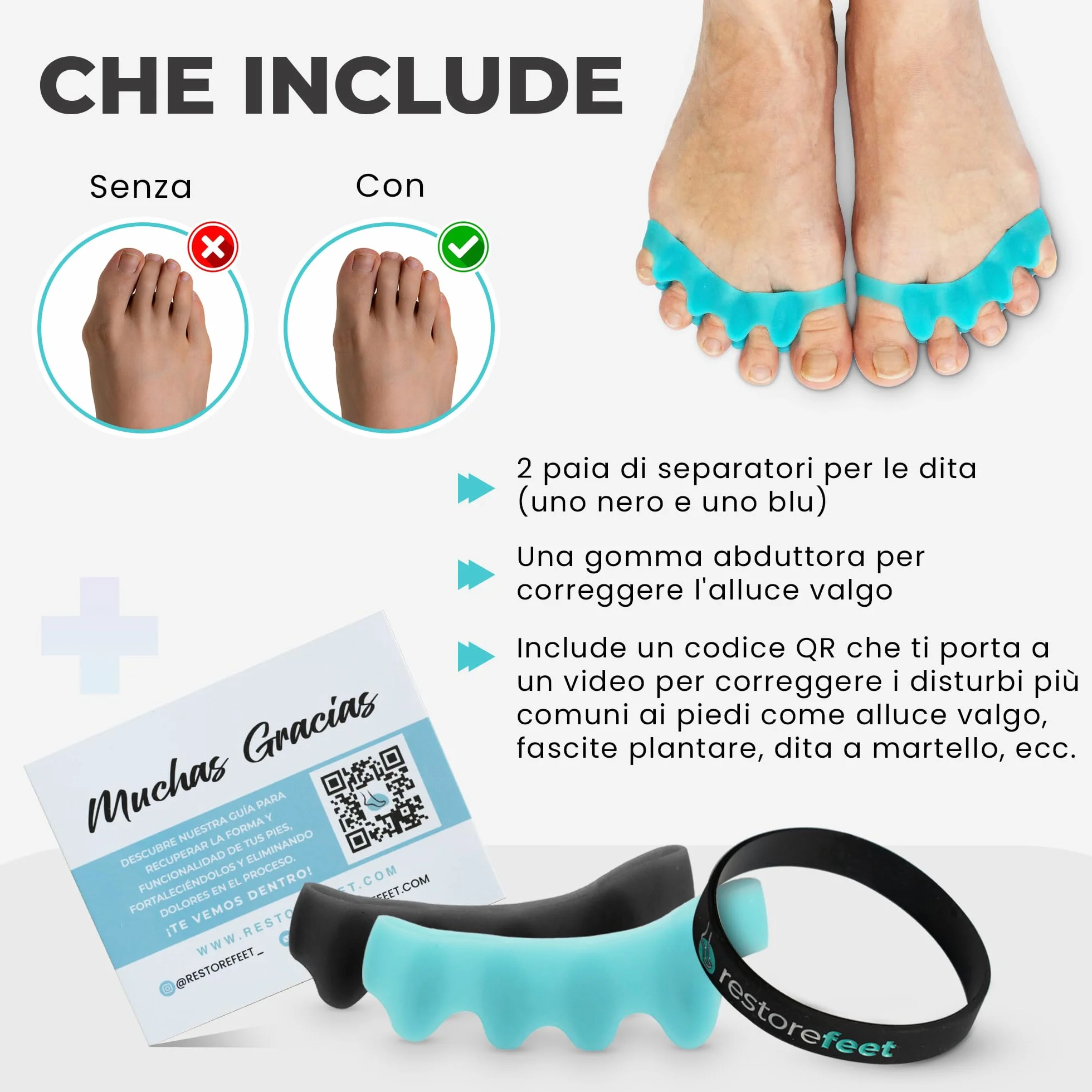 RestoreFeet Separatore Dita Piedi Anti Alluce Valgo 2 Paia Nero Azzurro Silicone 0% BPA Uomo Donna