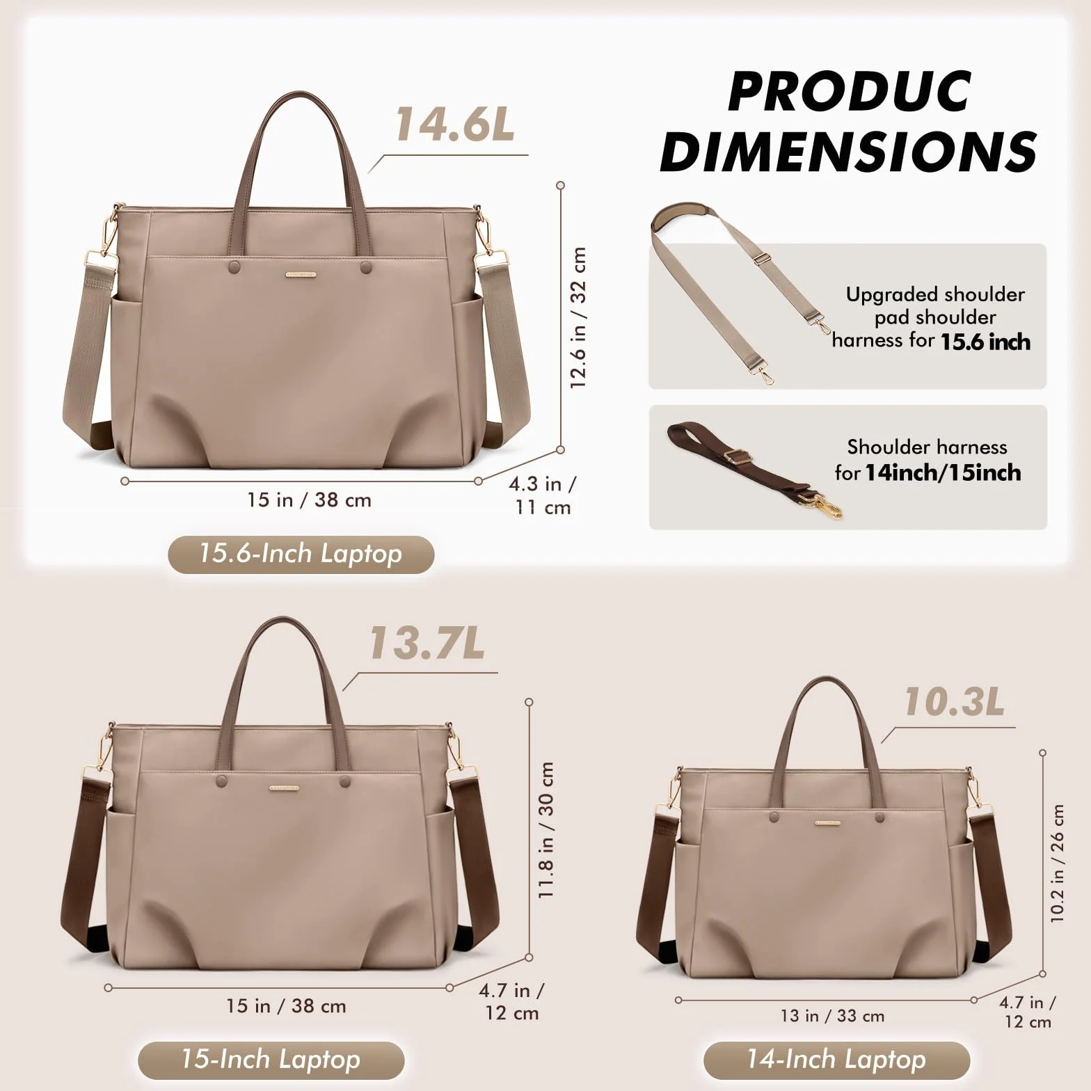 GOLF SUPAGS Borsa Tote per Laptop da 15 Pollici, Borsa a Tracolla per Computer Borsas da Lavoro Grande per Donna, Custodia per Laptop Borsas Elegante per Viaggi D'affari (Champagne)