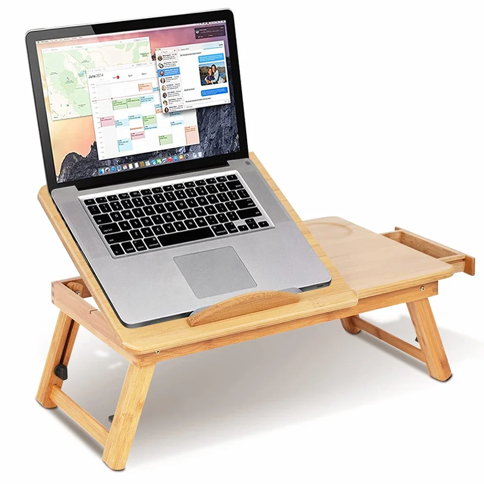 Nanzhu Tavolo per Computer Portatile in Bambù con Cassetto, Gambe Regolabili e Retrattili, 50 x 30 x 20 cm, Portatile
