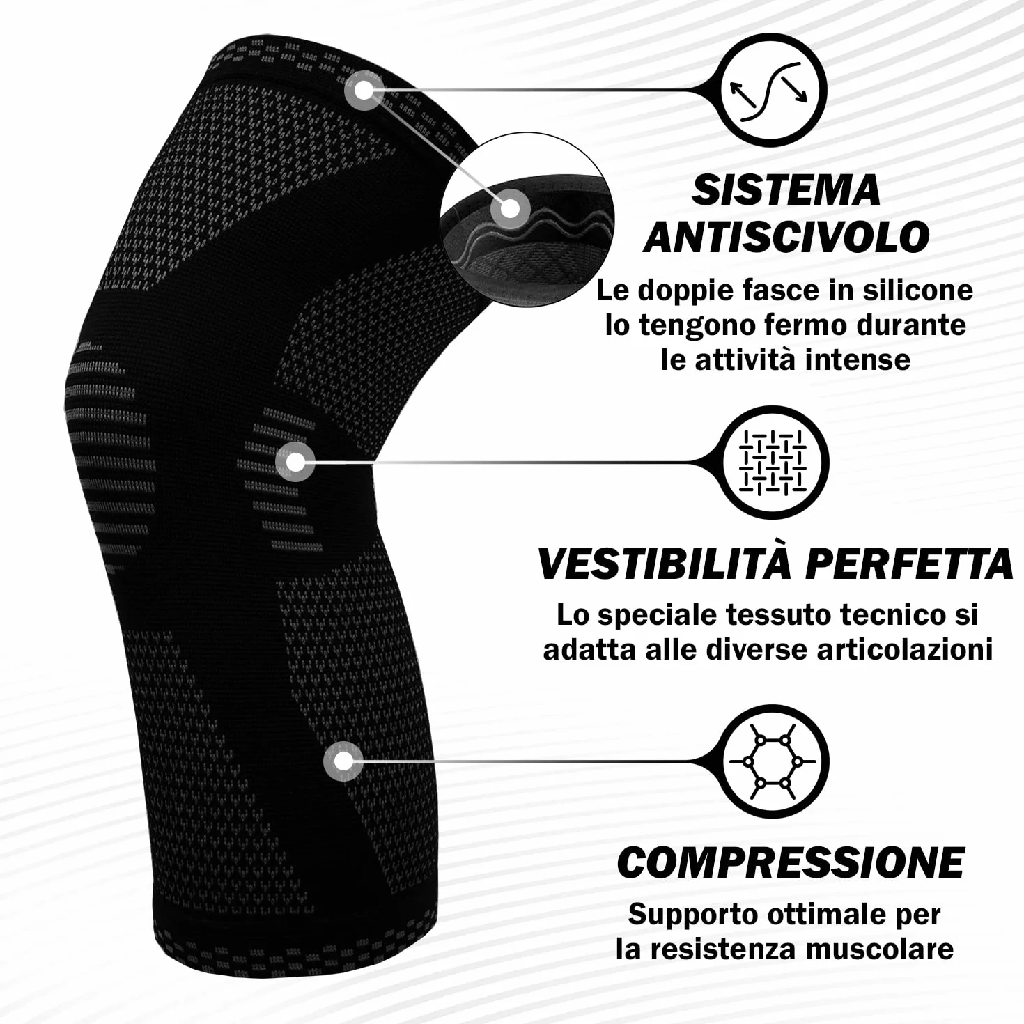 POWERLIX Ginocchiera Compressione Uomo Donna Artrite Dolore Legamenti Menisco Nero