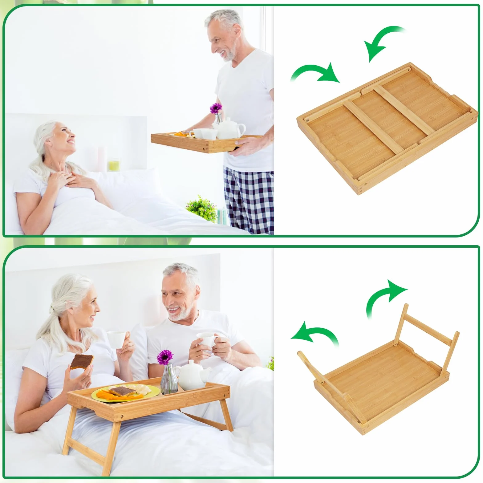 Vassoio da letto con manici, gambe pieghevoli, vassoio da colazione in bambù con supporto per tablet, tavolo da colazione, scrivania per computer portatile, vassoio da cucina