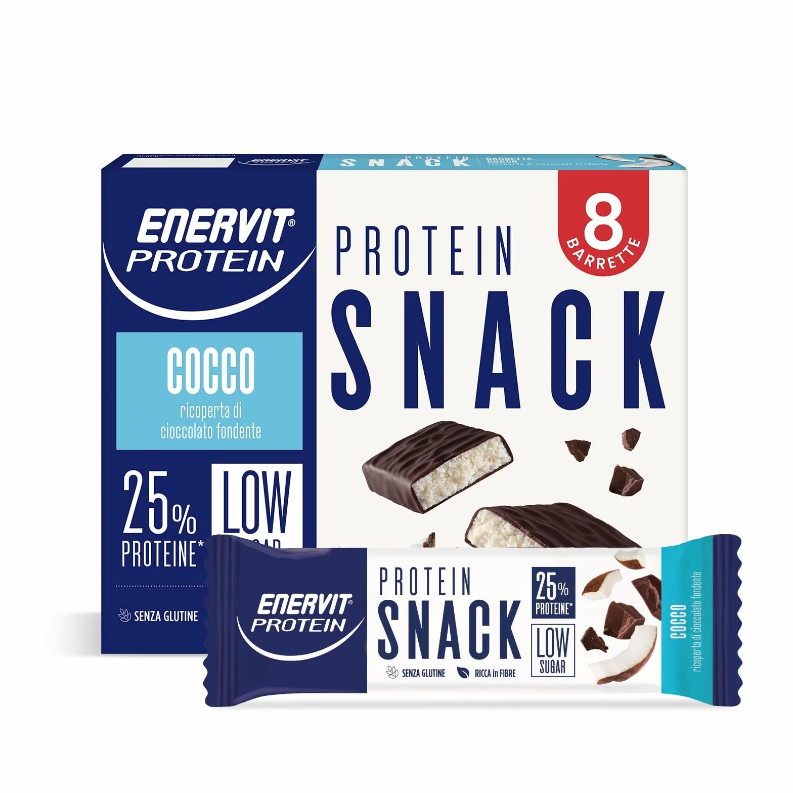 Enervit Protein Snack al Cocco e Cioccolato Fondente, Barrette Proteiche Low Sugar, 8 x 27g