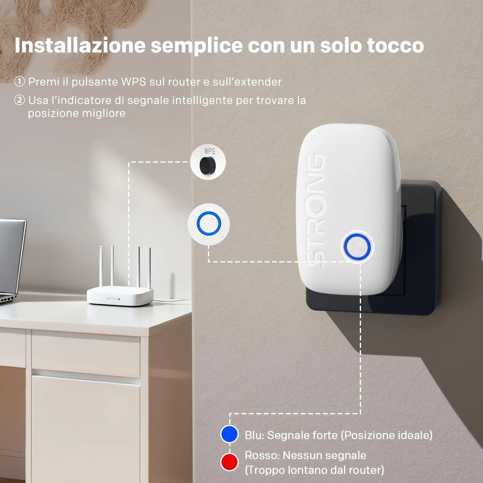 STRONG Ripetitore WiFi AC1200 da presa muro – Amplificatore WiFi potente Dual Band, WiFi extender per casa, WPS, porta LAN, ideale streaming e più dispositivi
