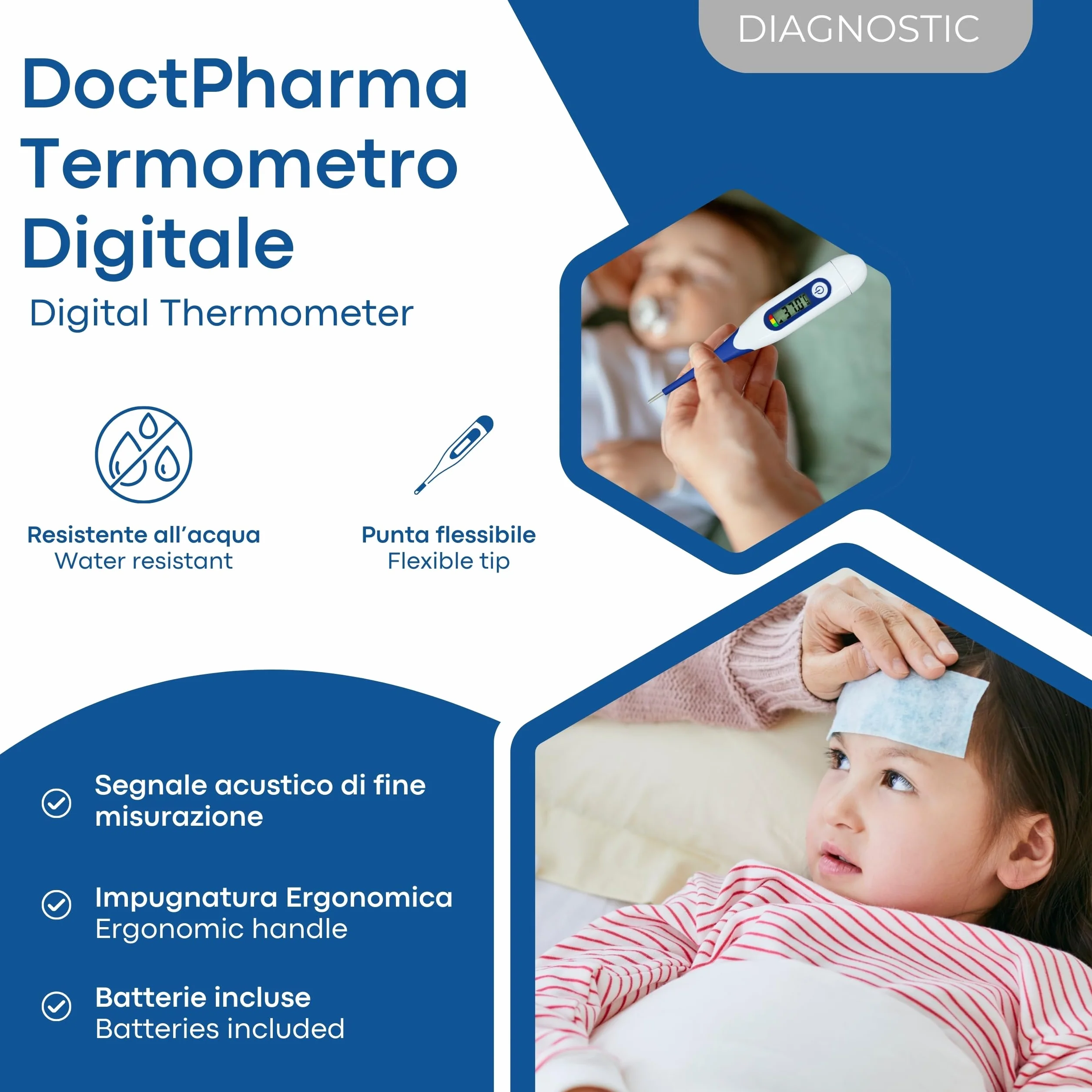 Termometro Digitale con Maxi Schermo Rapida Misurazione Punta Flessibile Segnale Acustico Indicatore Febbre Impermeabile Batterie Incluse