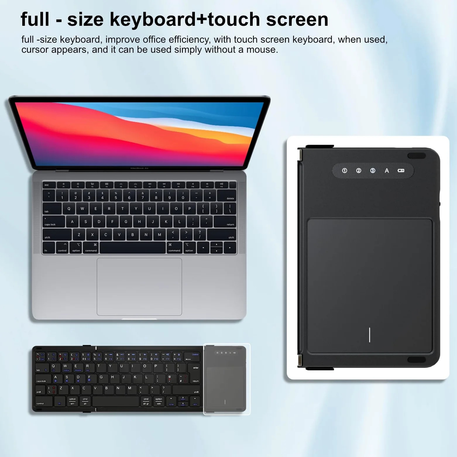 Tastiera Bluetooth pieghevole con touchpad, collega quattro dispositivi, connessione Bluetooth + cavo USB, QWERTZ tedesco con trackpad, per iOS, Android, Windows, laptop, PC