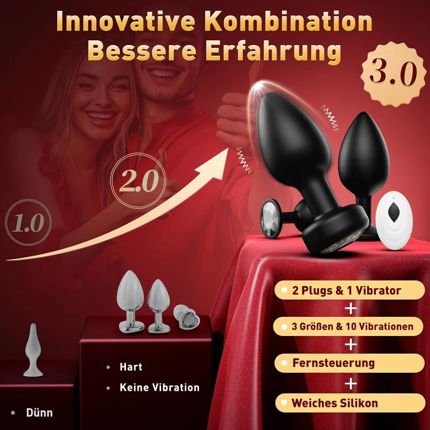 Set di 3 Plug Anali con Vibrazione 10, Anal Plug Anale-Dilatatore Donna Sex Toys +APP