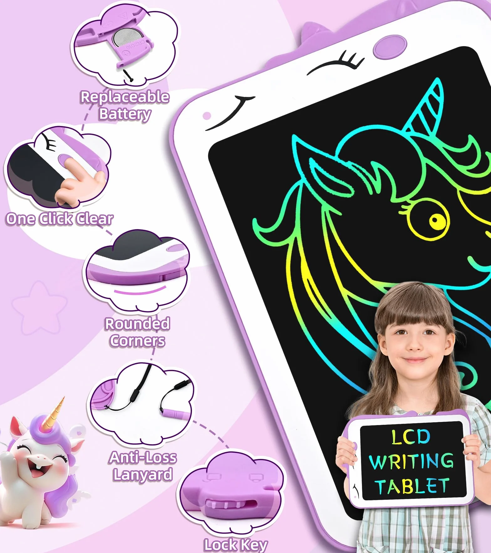 Tavoletta Grafica LCD 8.5 Pollici Lavagnetta Cancellabile Giochi Educativi 3-7 Anni Porpora