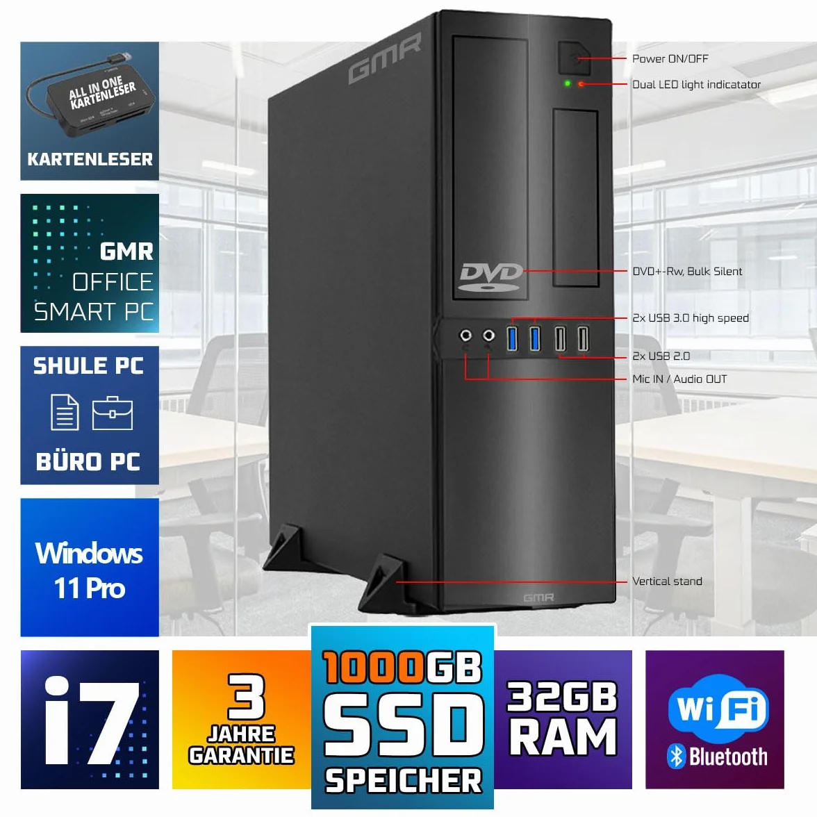 GMR Ultra Slim i7 Office PC - Business Office Computer | 3 anni di garanzia | 32 GB di RAM | 1000 GB SSD | DVD±RW | USB 3 | Windows 11 Prof | Bluetooth WiFi