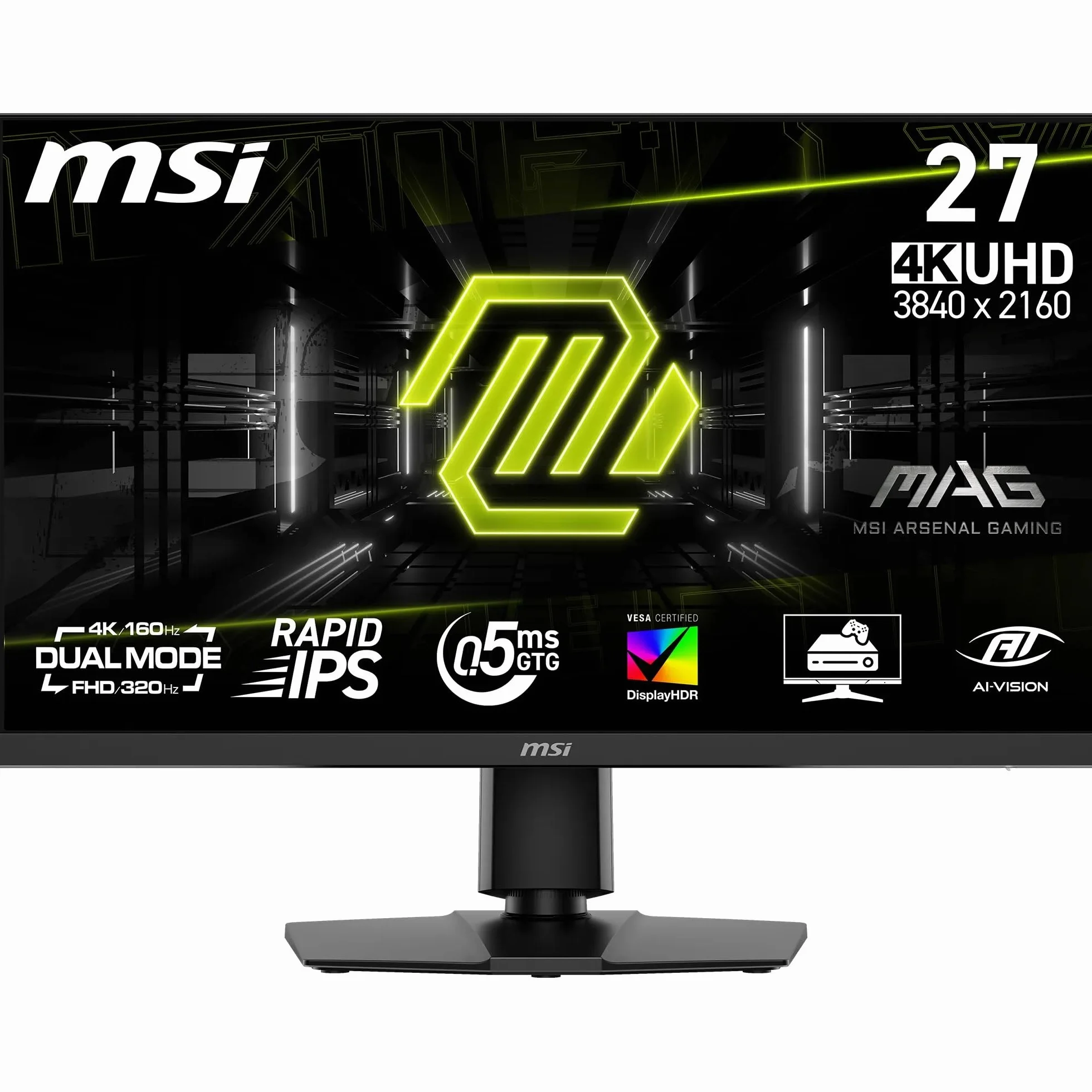 MSI MAG 272URDF E16, monitor gaming 27" 4K UHD (3840x2160), Rapid IPS, 0,5 ms, DisplayHDR 400, Eye Care, AI Vision, modalità duale, HDMI 2.1, DisplayPort 1.4a, supporto regolabile inclinazione/altezza