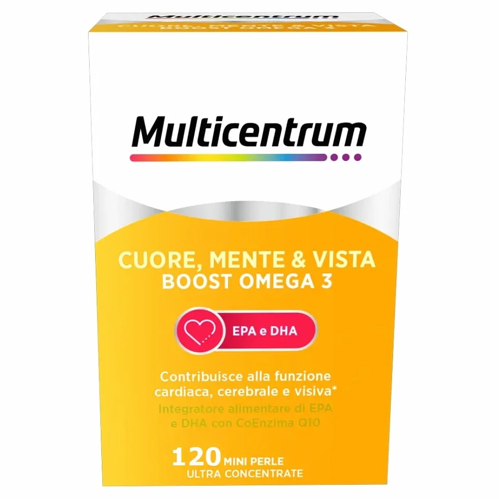 Multicentrum Omega3 Cuore Mente Vista Boost Omega 3 Integratore Alimentare EPA DHA Tripla Azione Funzione Cardiaca Cerebrale Visiva 120 mini perle