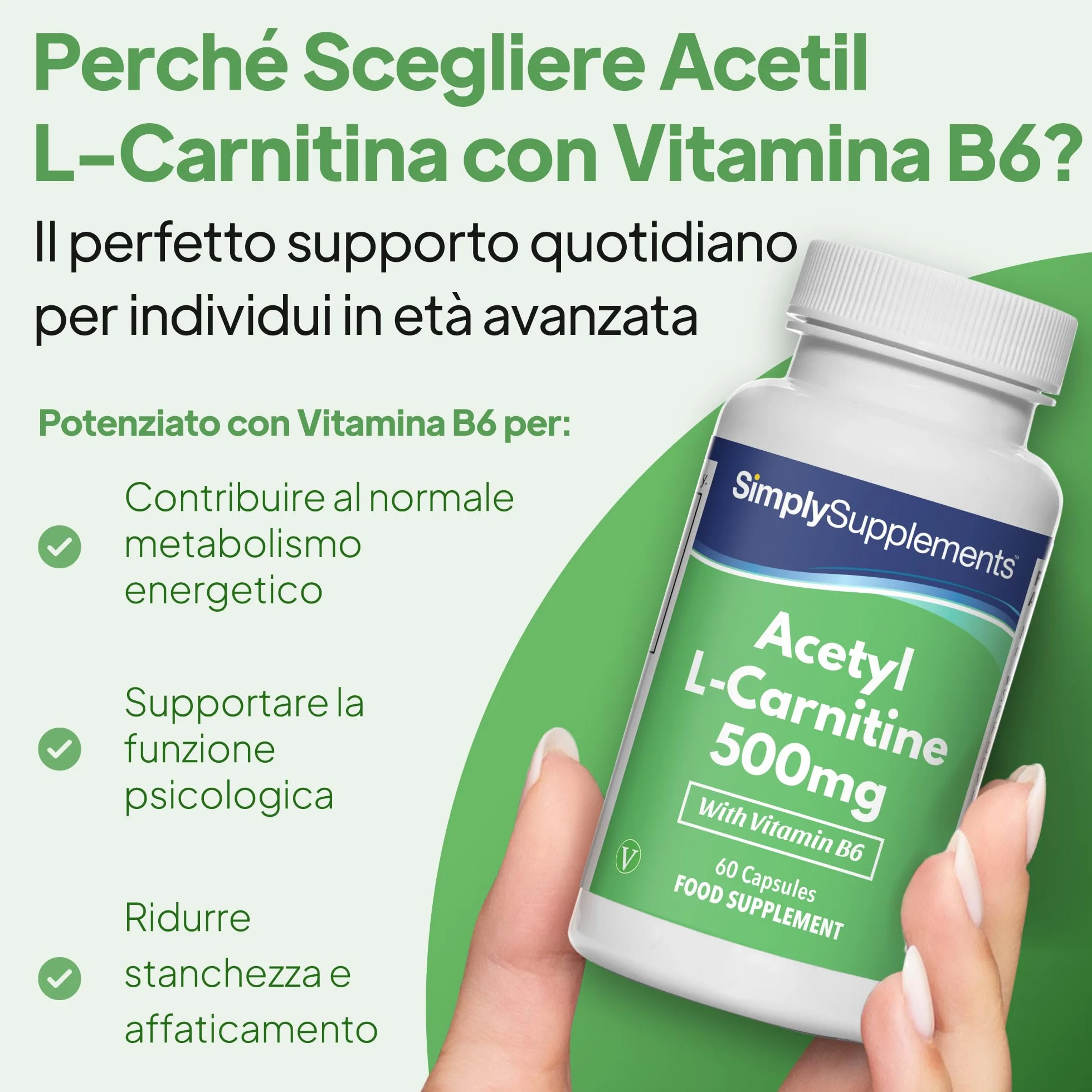 Capsule Acetil L-Carnitina 500 mg con Vitamina B6 | 60 Capsule