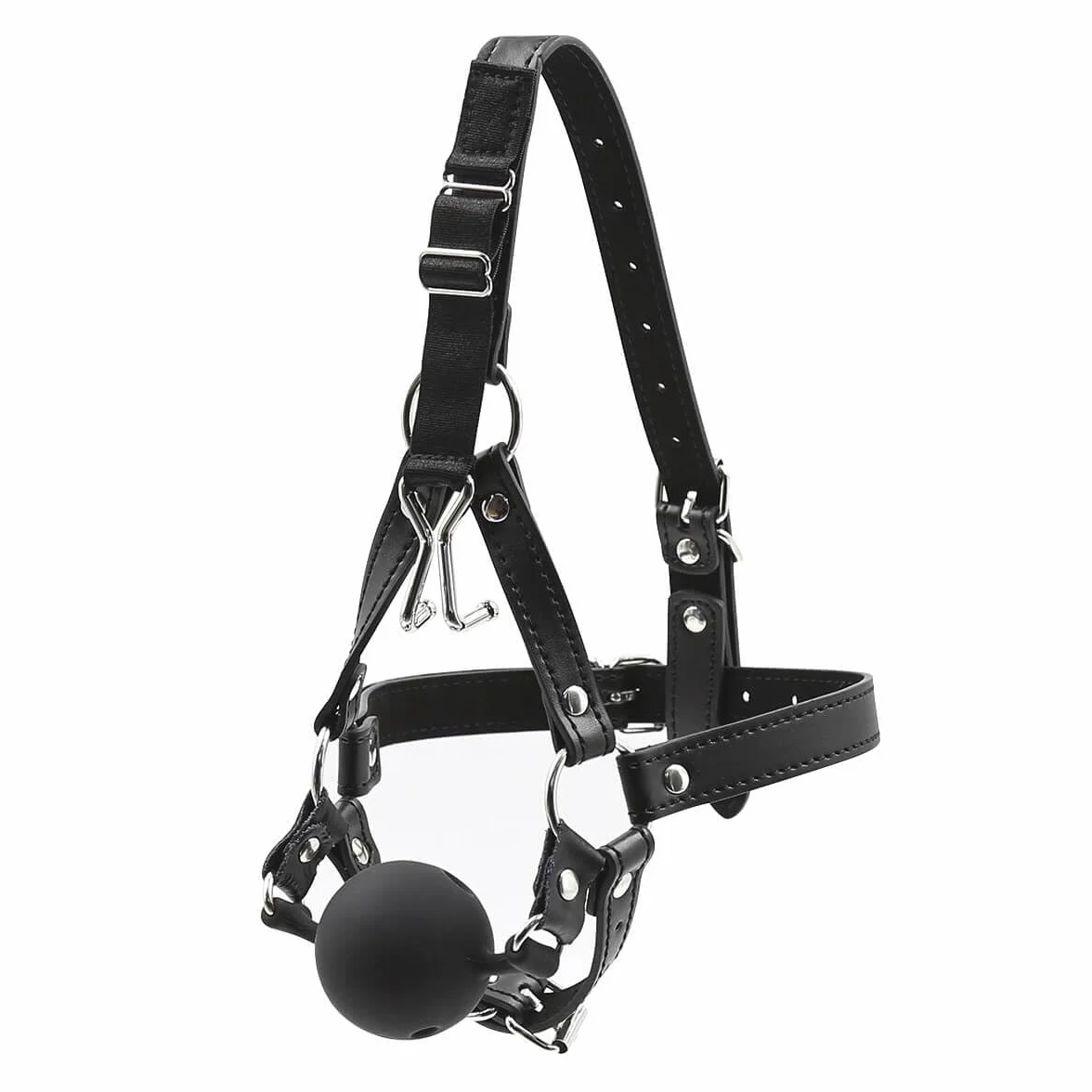 Gancio per Naso Imbracatura Testa con Gag Ball in Silicone BDSM Bondage Bavaglio Ecopelle Head Harness per Giochi Sessuali Feticismo