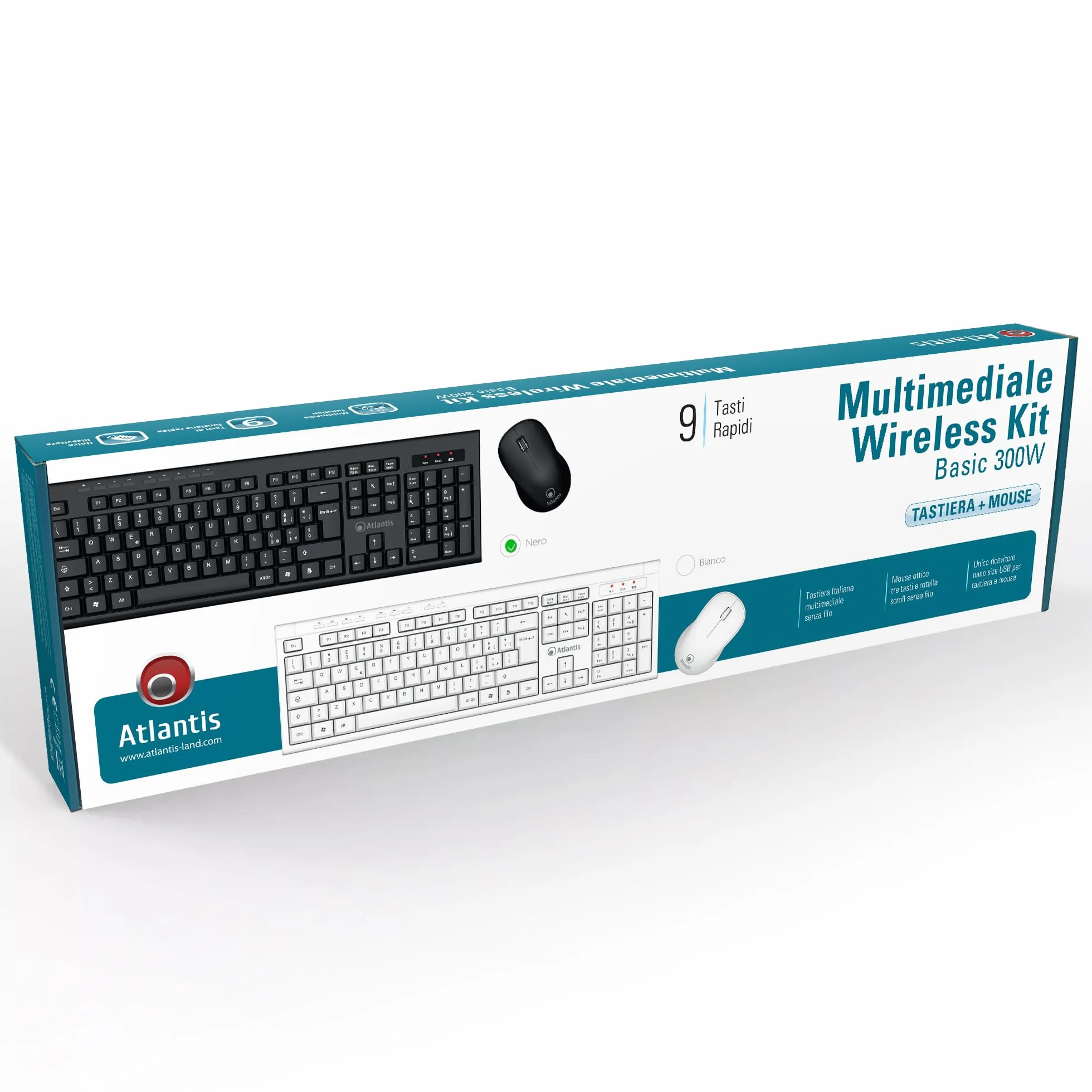 Atlantis Combo Kit Tastiera e Mouse Wireless senza fili, Multimediale, Layout Italiano QWERTY, 9 Tasti di scelta rapida, per PC/Laptop/Notebook, ricevitore USB unico, cod. P013-AX280G+M, Nero.
