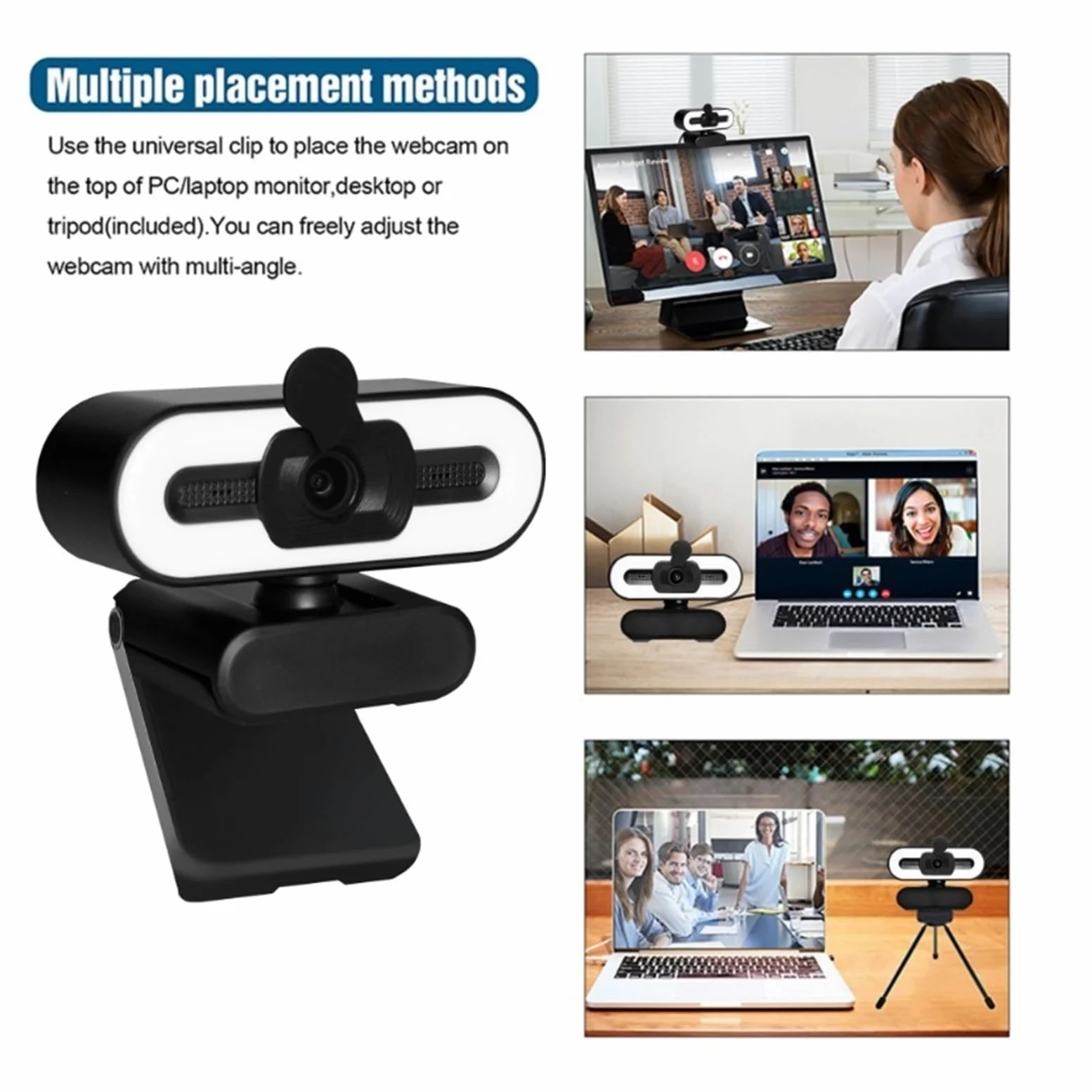Webcam 1080P 4K Full HD con Luce di riempimento ad Anello Laptop PC Computer Trasmissione in Diretta Video Web Cam con Microfono Telecamere rotanti(4K with Holder)