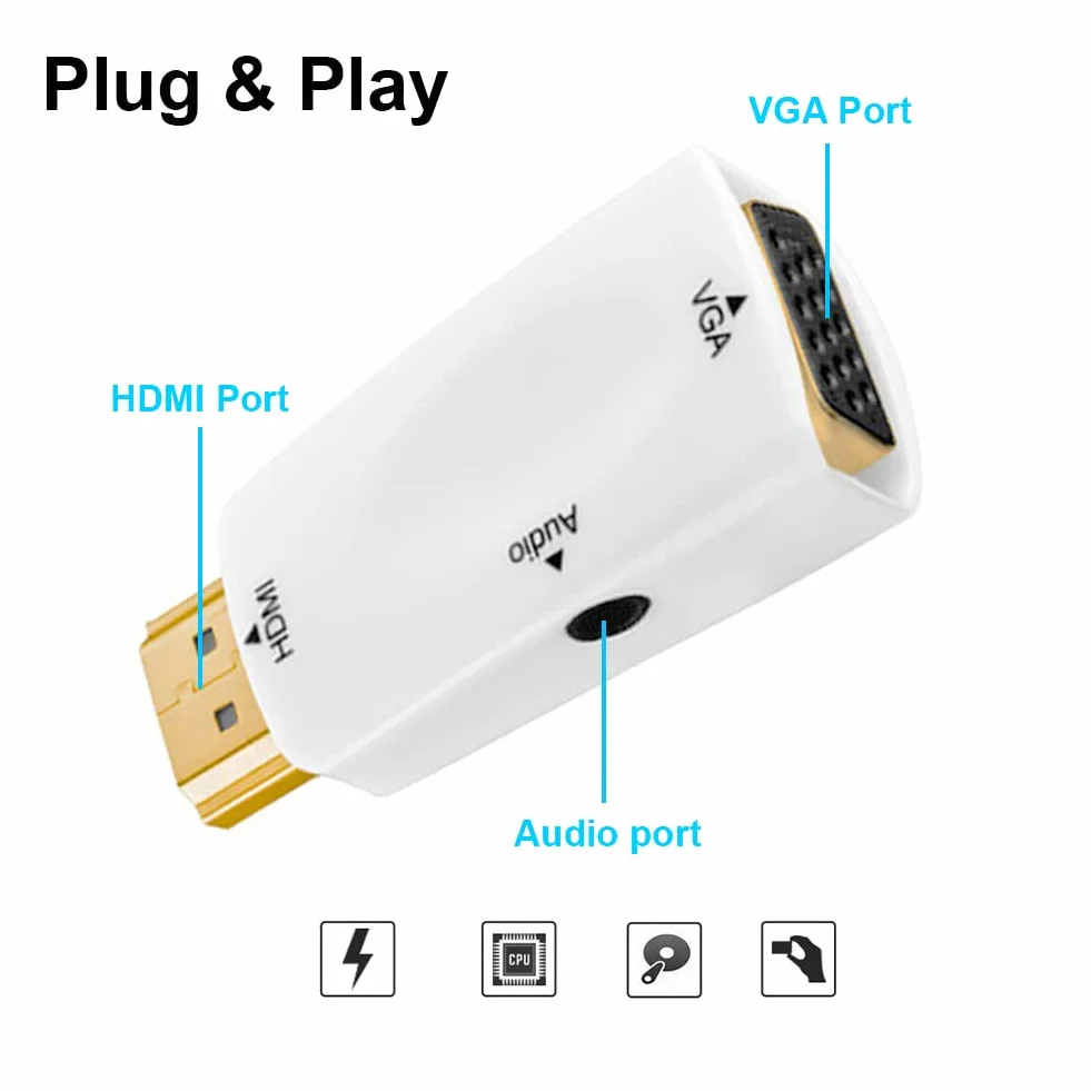Adattatore da HDMI a VGA con porta audio da 3,5 mm, 1080P HDMI maschio a VGA femmina per PC portatili monitor proiettori（Bianco）