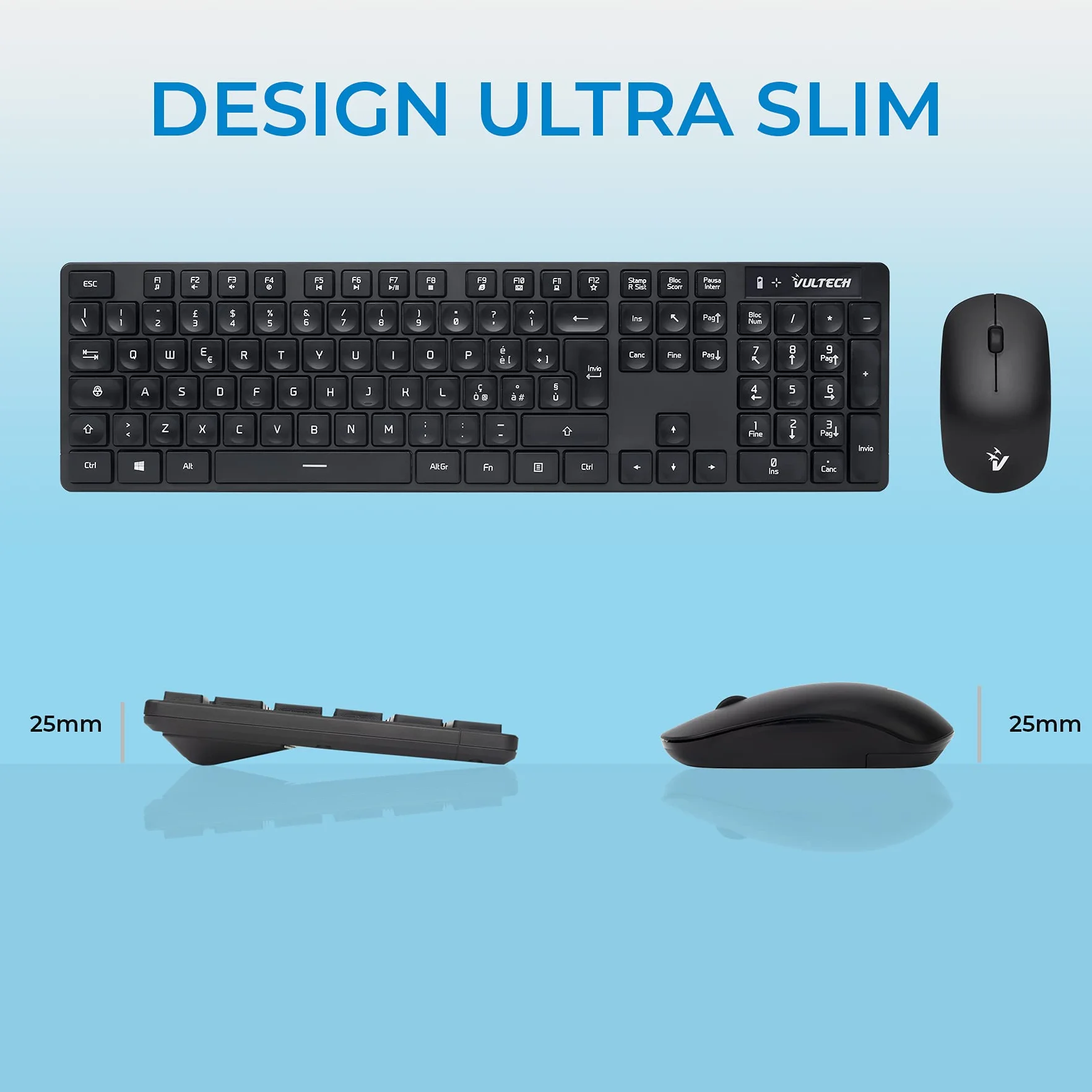 Vultech KM-831W Kit Tastiera e Mouse Wireless 2.4 GHz per Windows. ultra-slim,12 tasti multimediali a scelta rapida, Tastierino numerico, tasti silenziosi, per PC/Laptop, Layout italiano, Nero