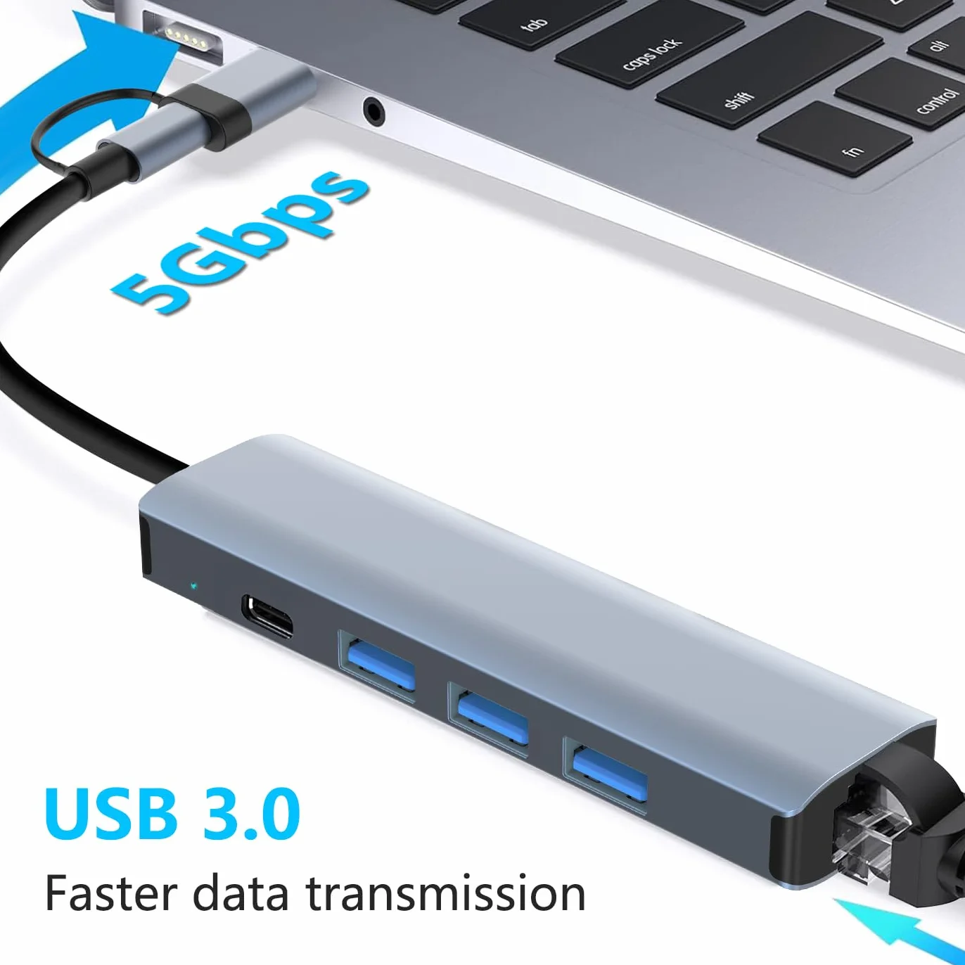 5 IN 2 Adattatore USB Ethernet Gigabit RJ45, Hub Ethernet LAN con 3 Porte USB 3.0 e Ricarica Tipo C PD,Connessione Stabile e Compatibile con Windows macOS Linux Chromebook