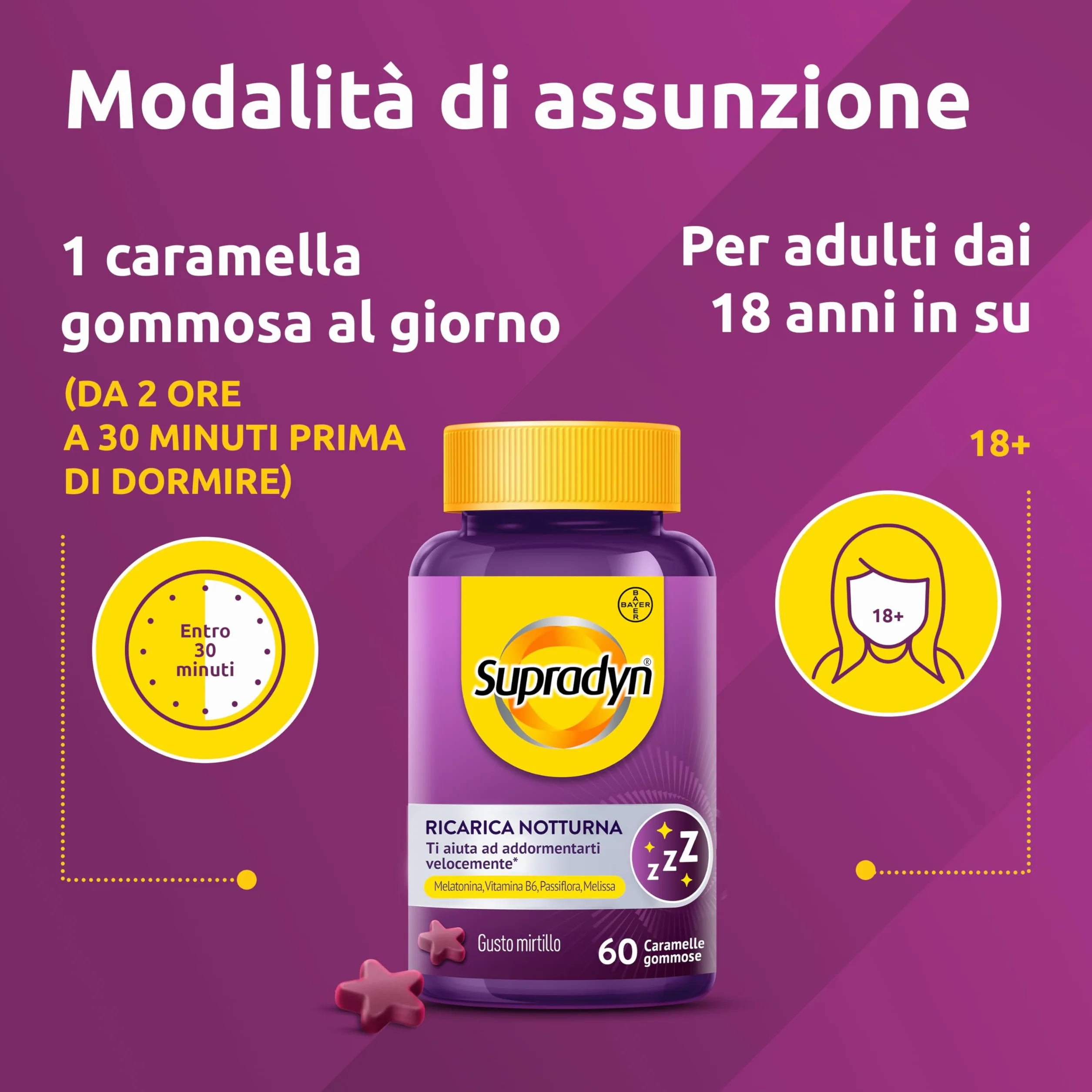 Supradyn Ricarica Notturna Melatonina 1mg Adulti 60 Caramelle Gommose Mirtillo con Vitamina B6 Passiflora e Melissa