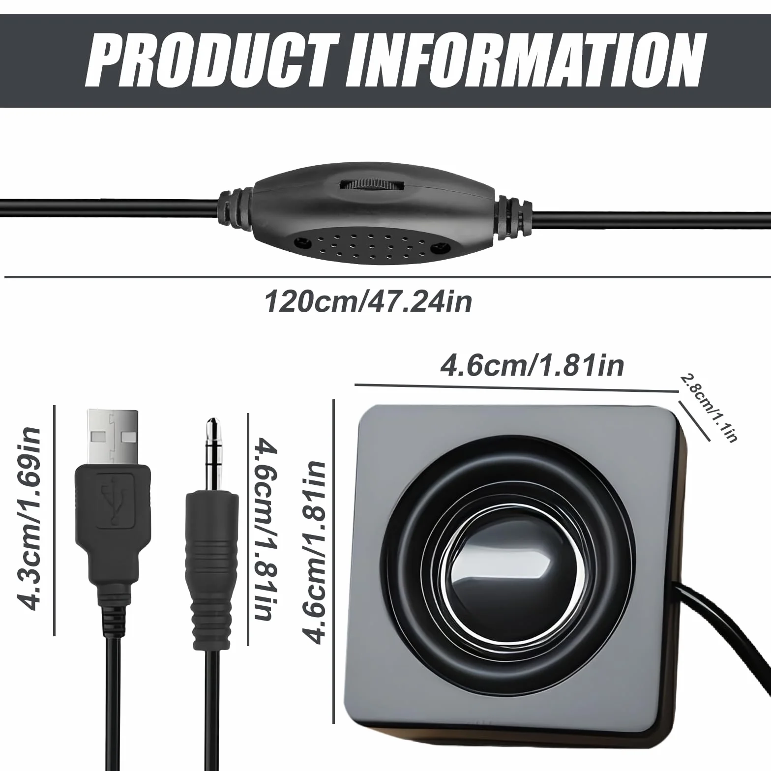 Mini altoparlante stereo USB 3,5 mm TRS con controllo volume per PC laptop desktop