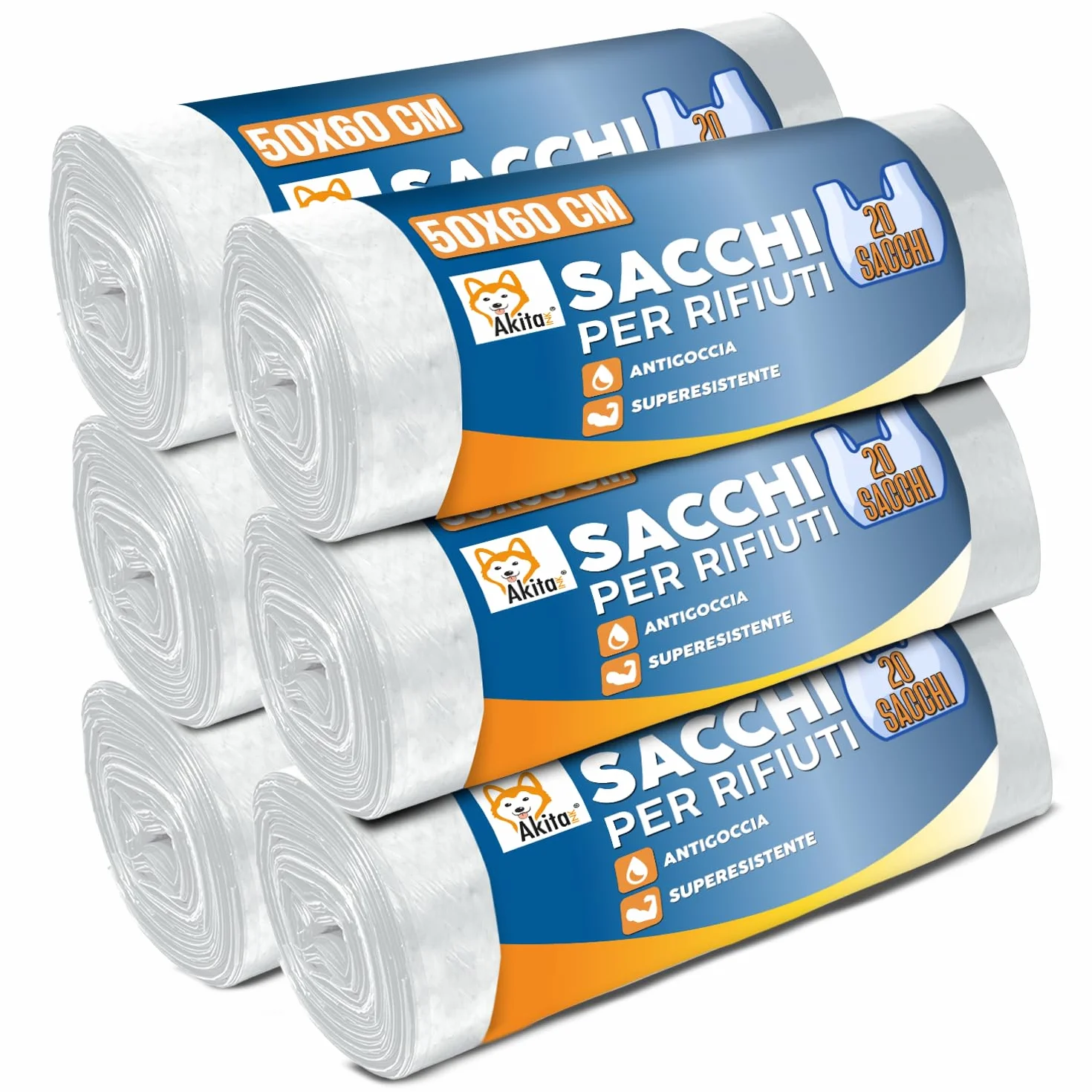 Sacchetti Spazzatura 30L 50x60cm Trasparente Antigoccia Antistrappo 6 Rotoli 120 Sacchi