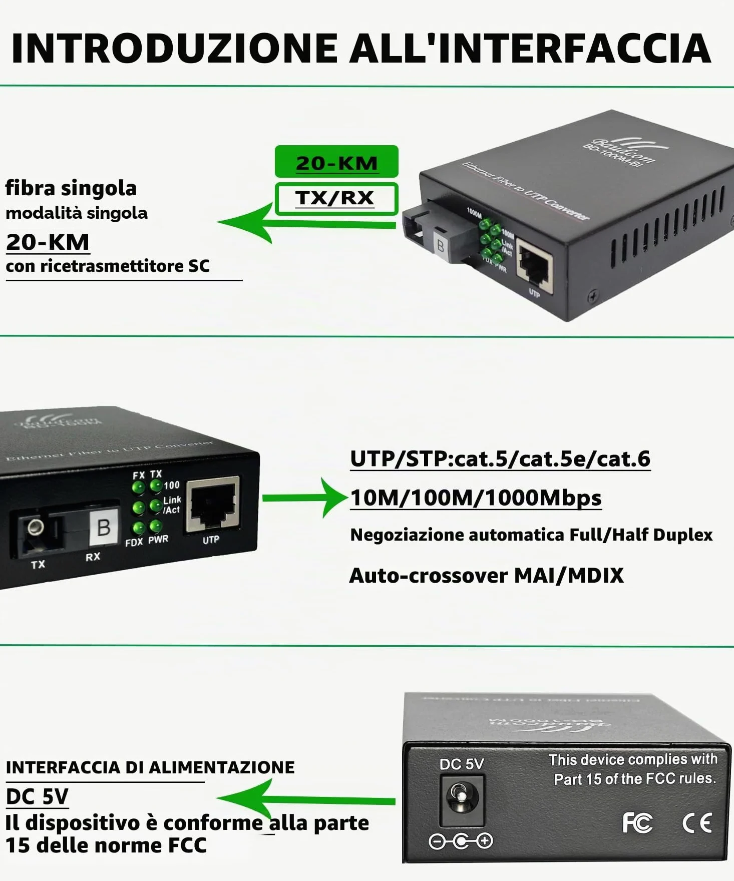 Convertitore multimediale in Fibra Gigabit Ethernet 10/100/1000M, ricetrasmettitori SC Singoli, modalità Singola 20KM, da RJ45 a 1000Base-LX, BIDI 20KM