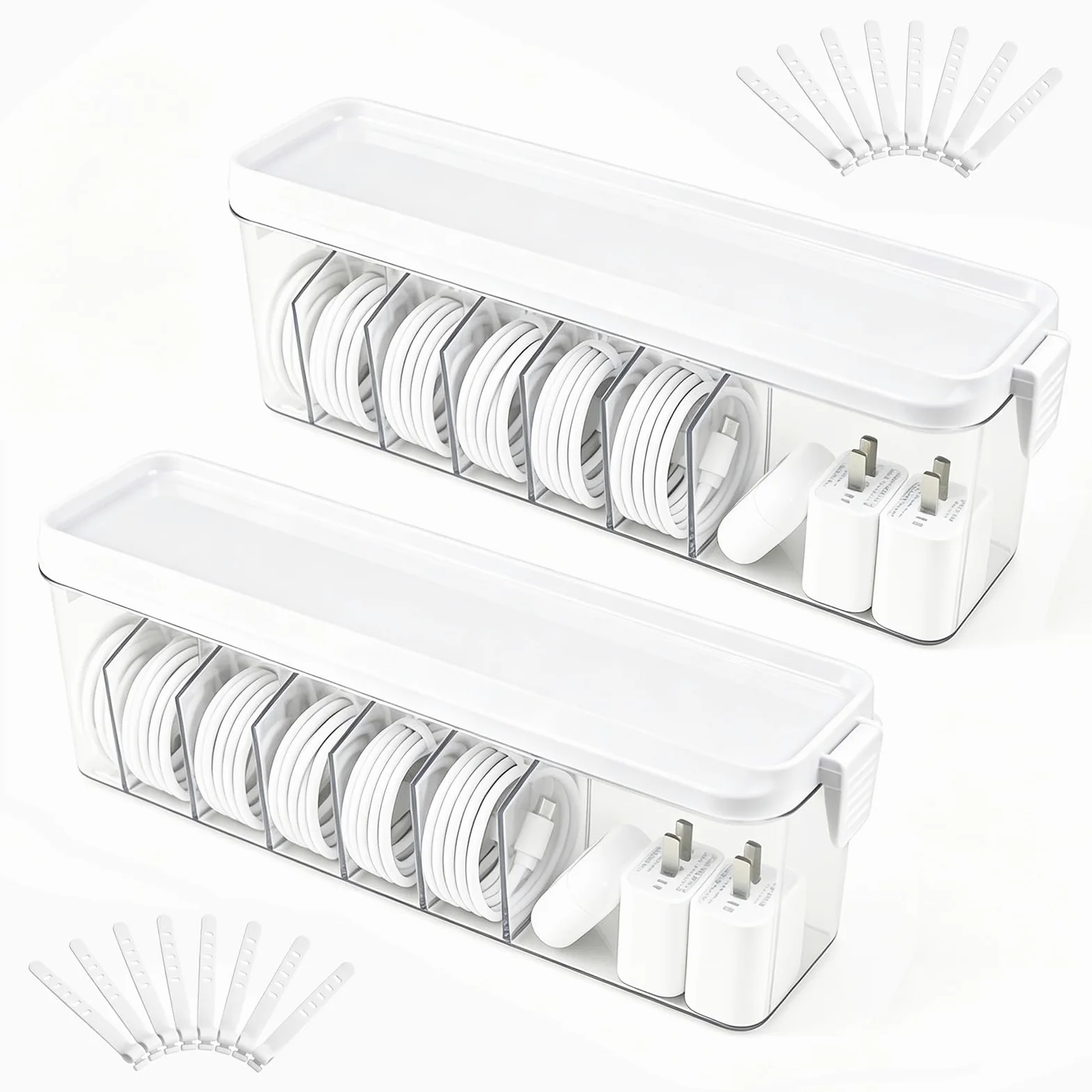 TexHome - 2 organizer per cavi di ricarica con coperchio, in plastica, con fascette, organizer per cavi elettronici, per cassetti di casa, ufficio, scrivania