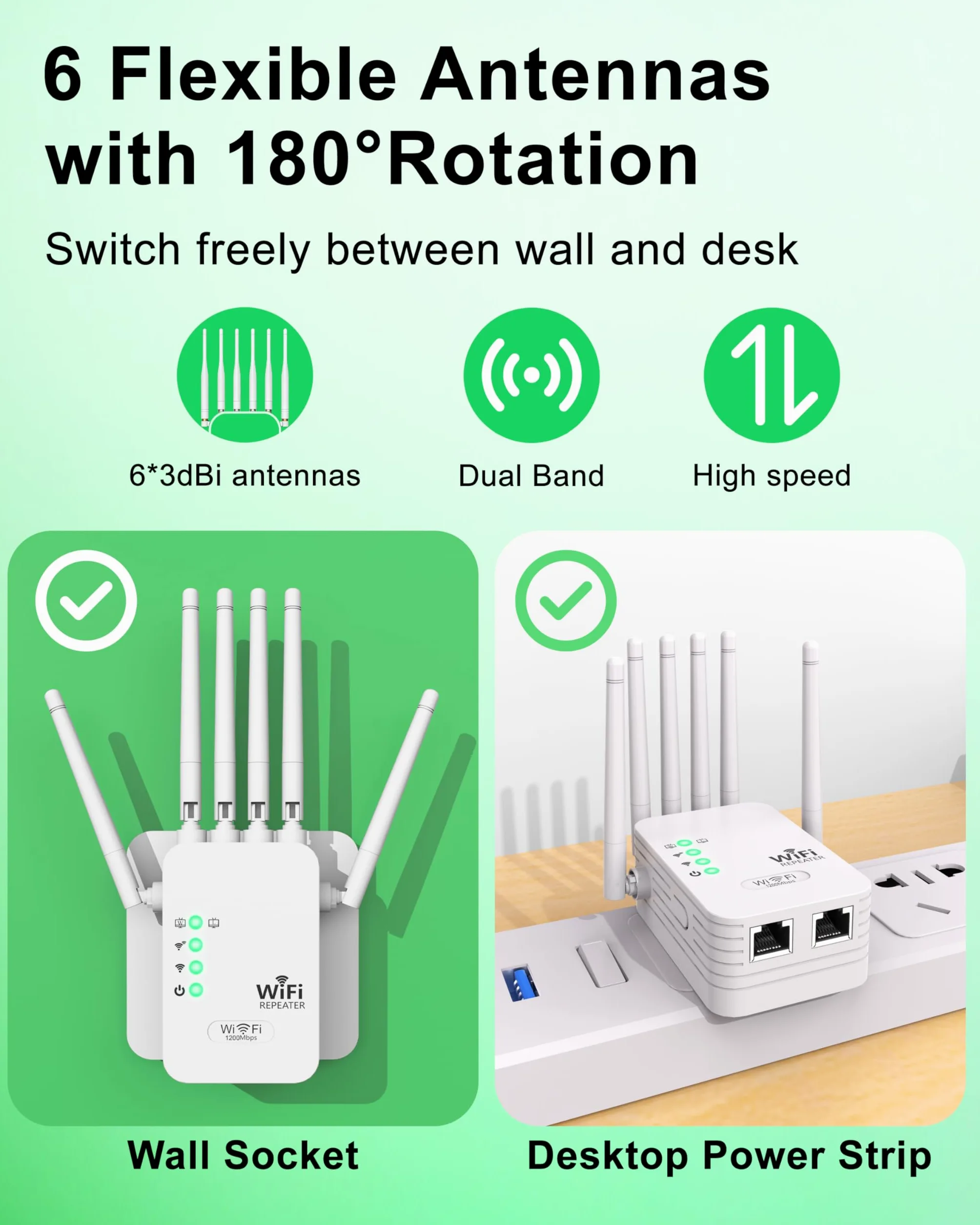 Amplificatore WiFi 1200Mbps Bi-Bande Ripetitore WiFi Potente 6 Antenne, 900 m², ideale Streaming 4K e Gaming, 3 modalità, porta Ethernet, installazione rapida, per casa e ufficio
