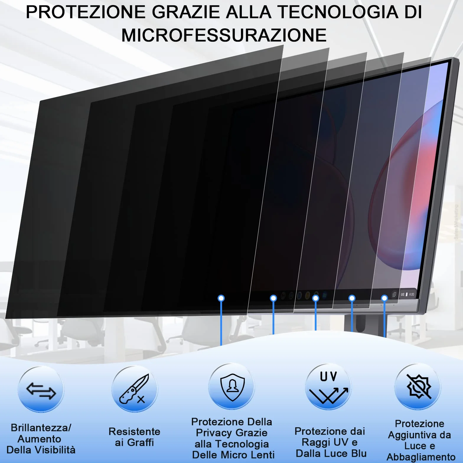Pellicola Privacy Monitor 21.5 Pollici, Rimovibile Filtro Privacy Schermo per Widescreen Computer, Anti Glare/Antiriflesso/Anti Luce Blu Pellicola de Protezione Privacy 21.5 Pollici per 16:9 Monitor