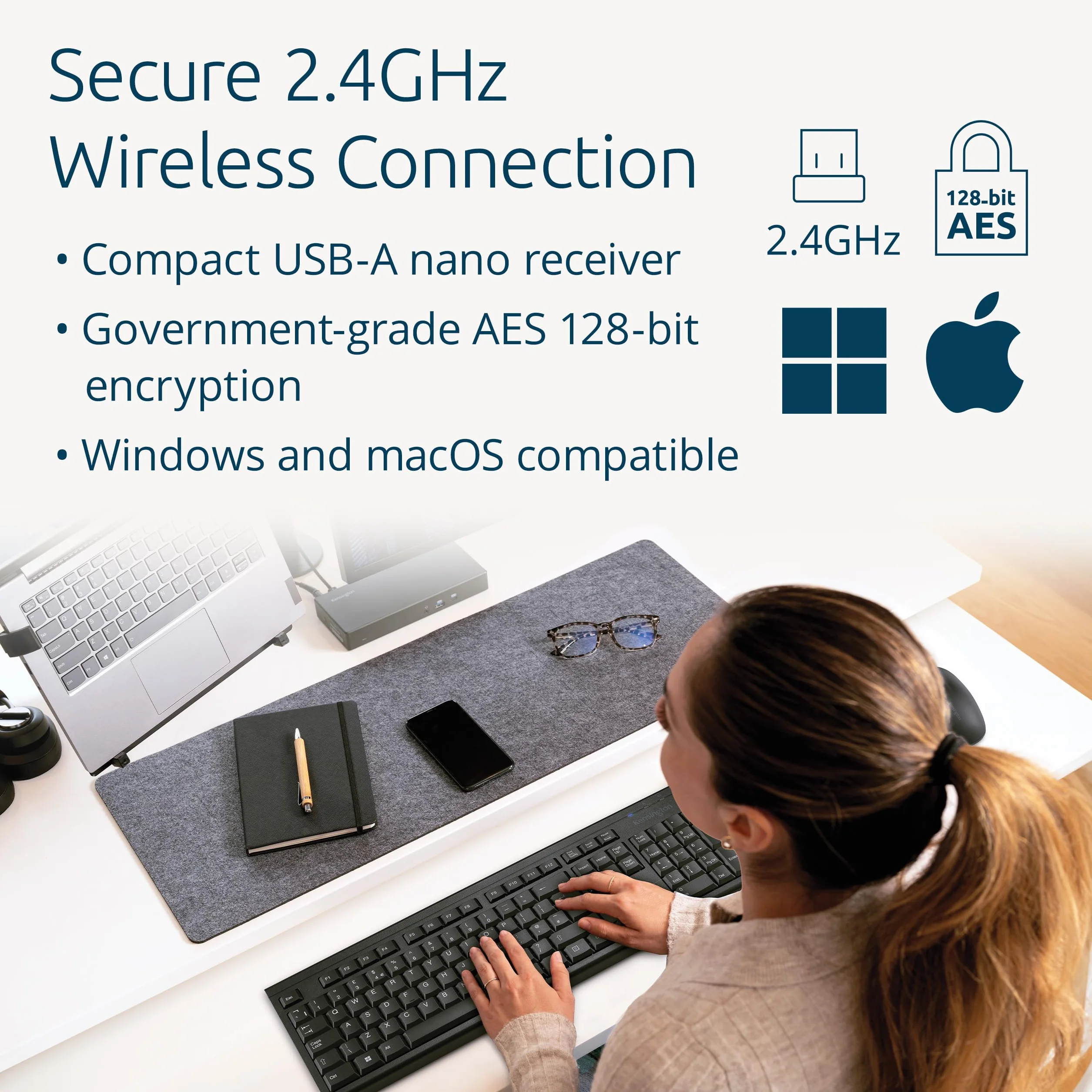 Kensington KM150 EQ Set tastiera e mouse wireless, per Windows e MacOS, ricevitore USB 2,4 GHz Nano, tastiera numerica a grandezza naturale, mouse silenzioso 1200 DPI, layout QWERTY, nero, K75562IT