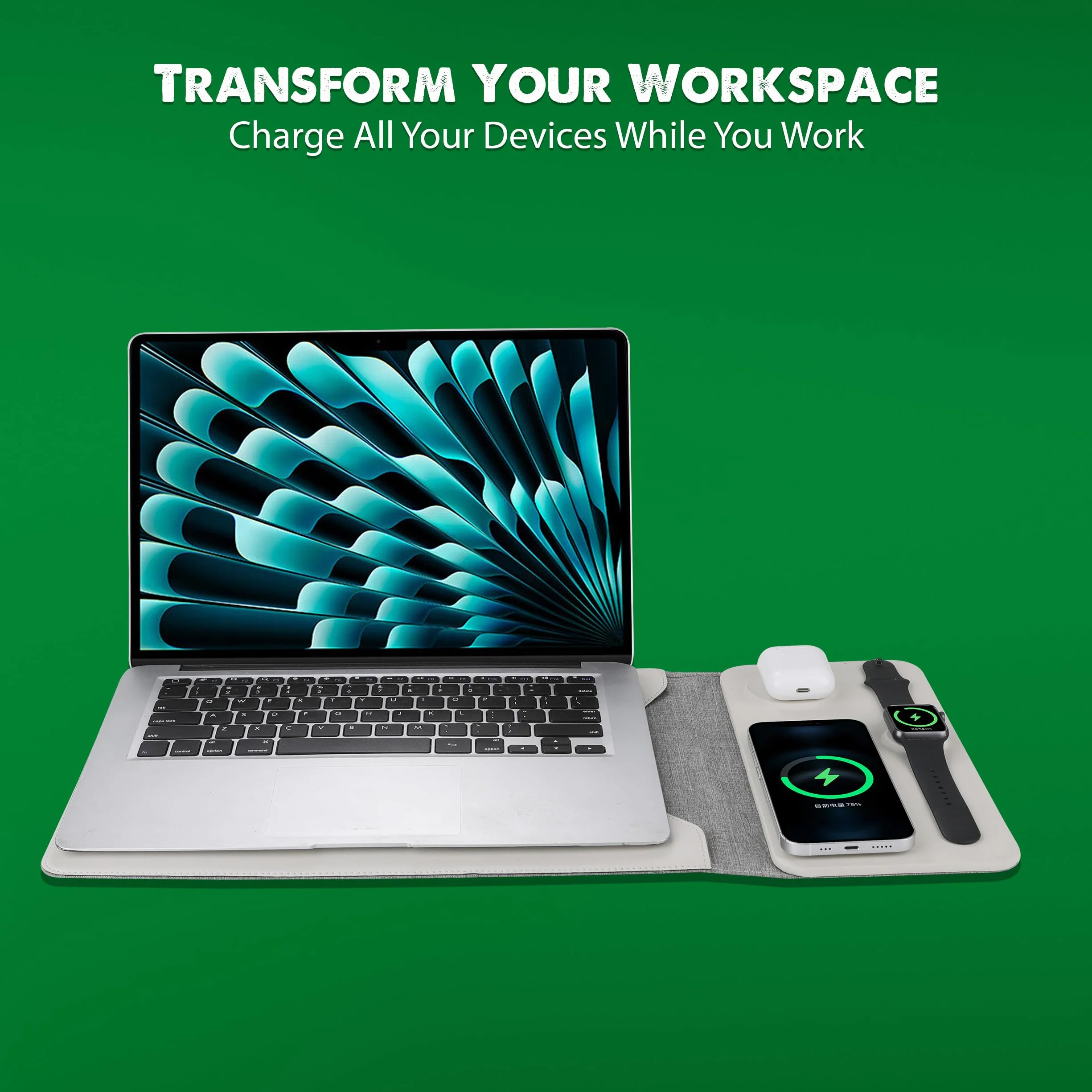 Custodia per computer portatile con ricarica wireless, custodia in pelle 5 in 1, tappetino per mouse e deskpad, ricarica rapida per telefoni, auricolari e orologi, caricabatterie wireless 3 in 1,