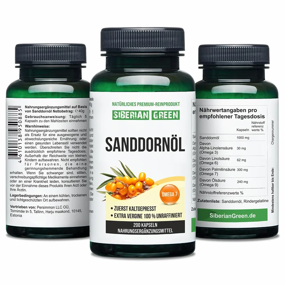 Capsule di olio di olivello spinoso siberiano 200 capsule molle Omega 7 Premium senza glutine non OGM