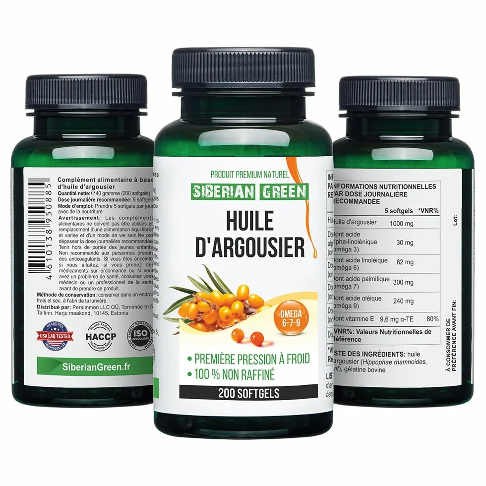 Capsule di olio di olivello spinoso siberiano 200 capsule molle Omega 7 Premium senza glutine non OGM
