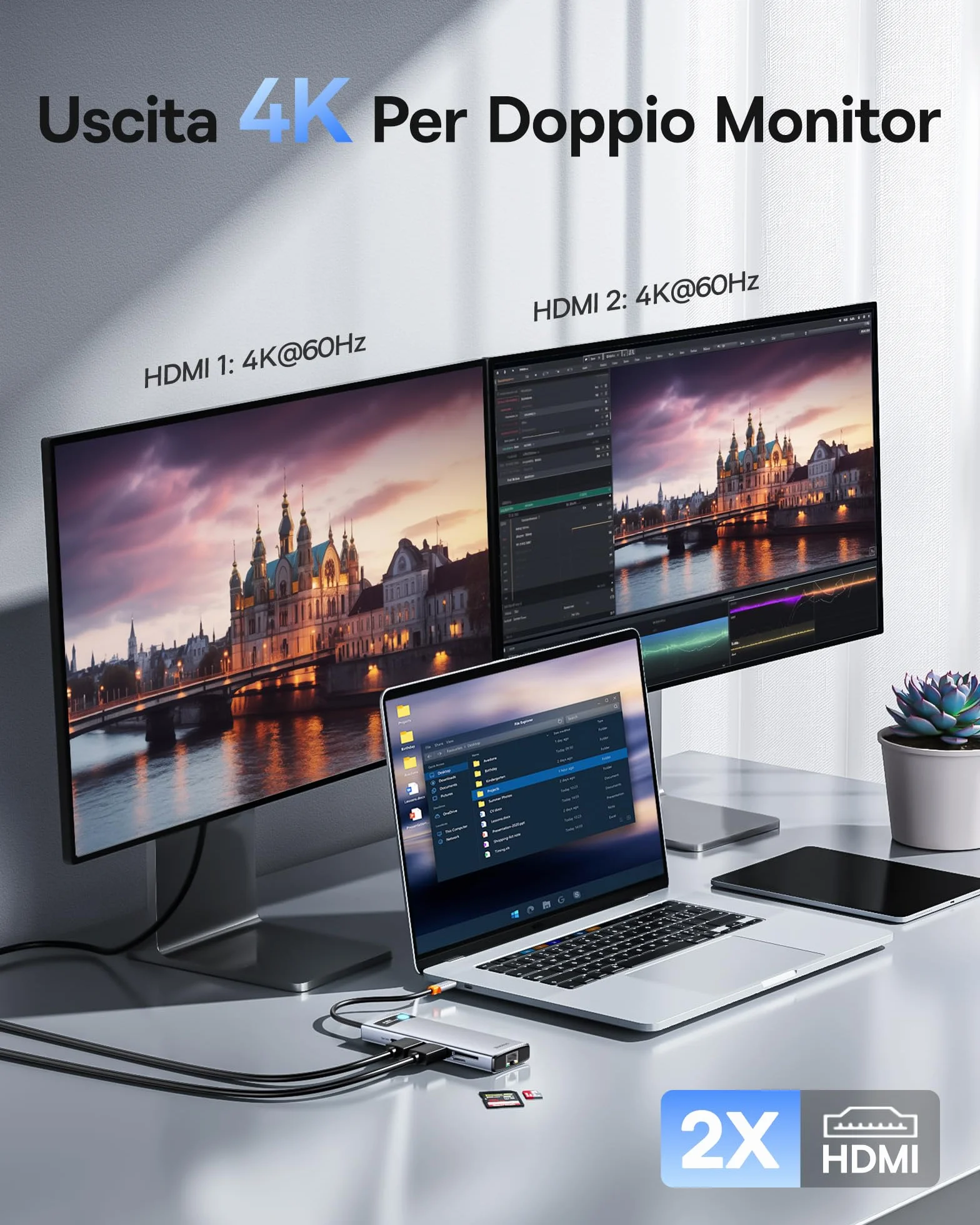 Baseus Docking Station 9 in 1 USB C 4K120Hz, 2 Monitor HDMI, Hub USB C, Ethernet 1000 Mbp, PD 100W, lettore di schede TF/SD, USB 3.0, Adattatore per MacBook/Dell/HP/Lenovo e altri PC