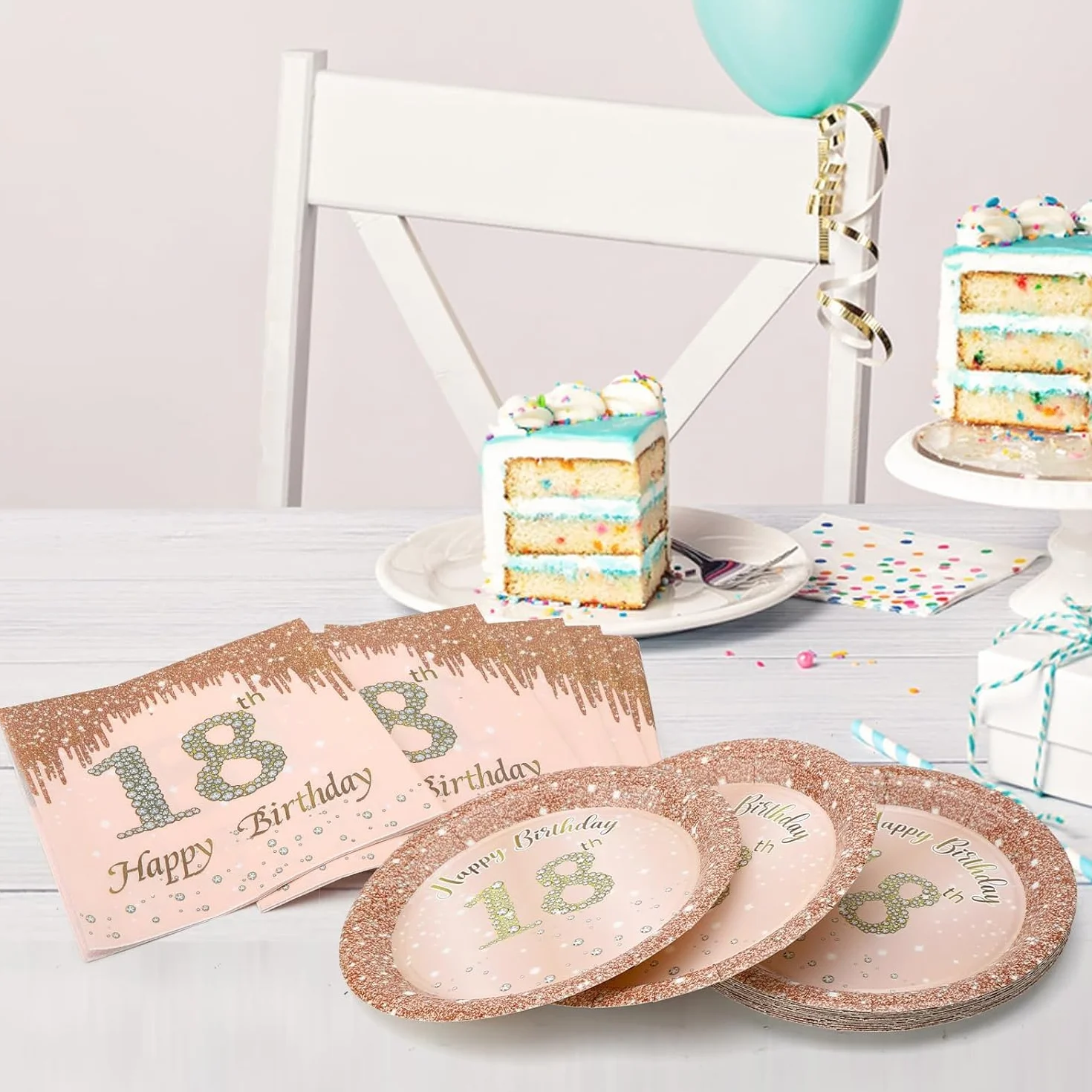 Decorazione 18° Compleanno, 16 Piatti di Carta 18 cm e 20 Tovaglioli 16,5 cm Rosa