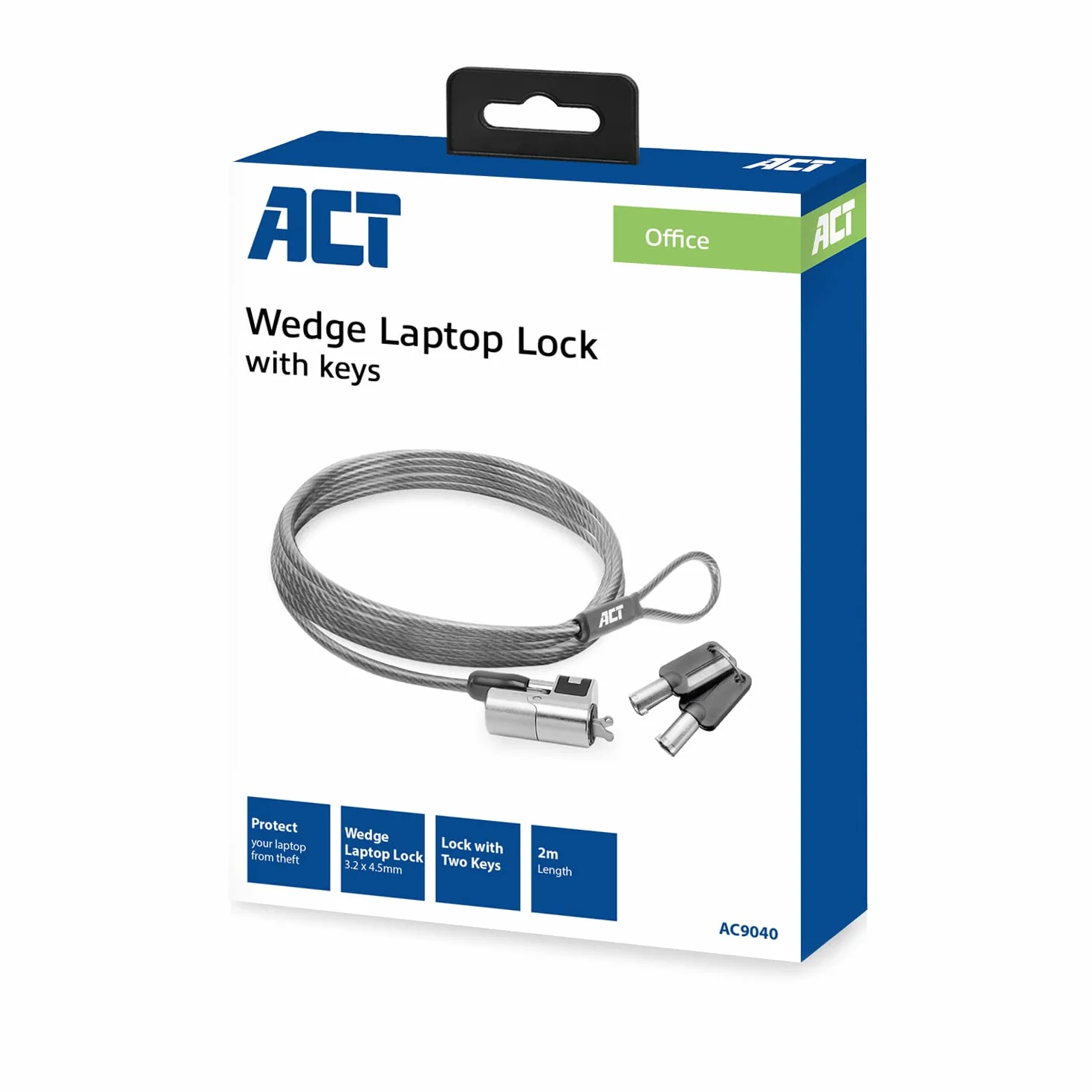 ACT AC9040 - Cavo di sicurezza per laptop, 2 m, con chiave, slot Wedge Slot per notebook, testa di blocco girevole, serratura per computer portatile, cavo antifurto