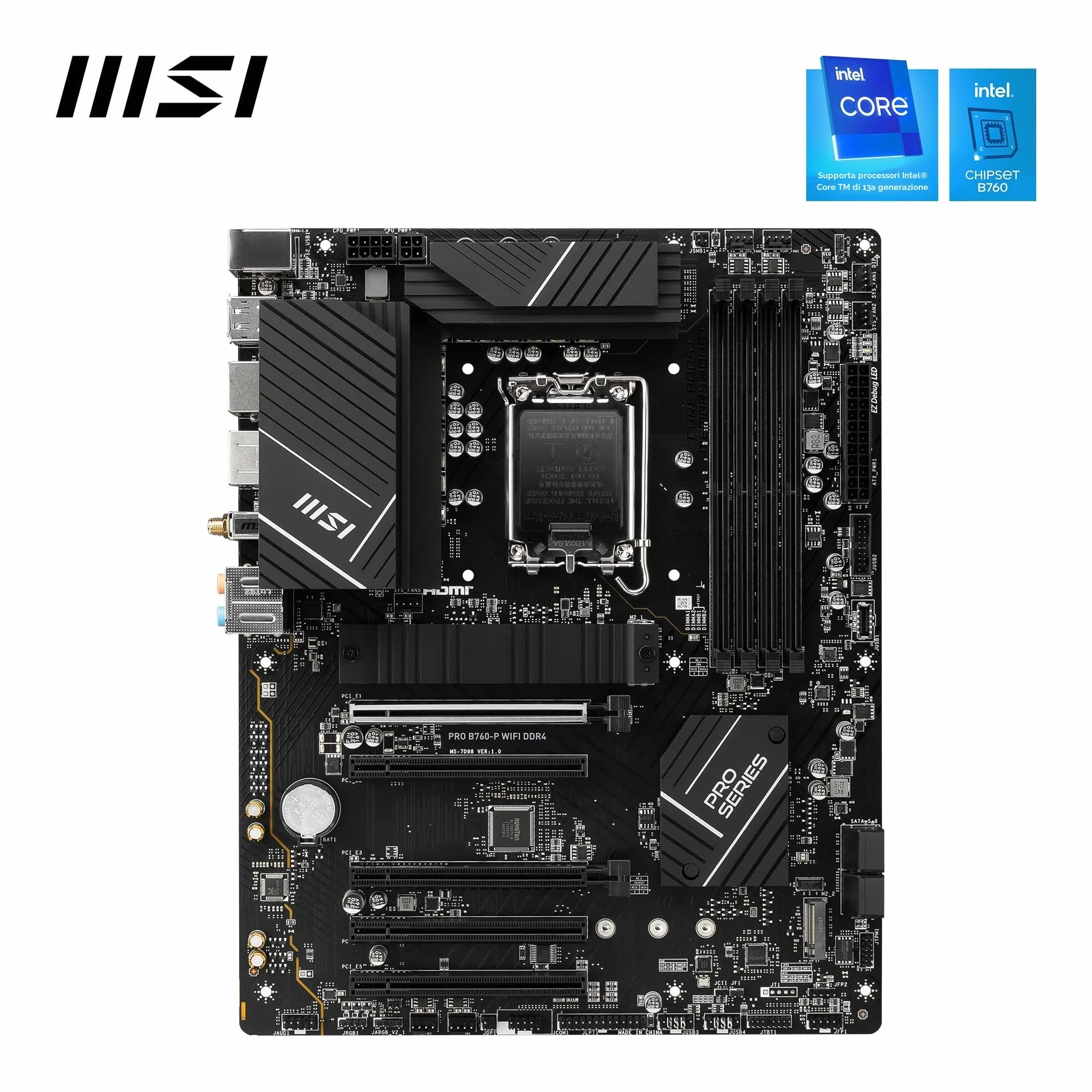 MSI PRO B760-P WIFI DDR4 Scheda Madre ATX - Supporta Intel 12° & 13° Gen, LGA 1700 - DDR4 Memory Boost 5333+MHz/OC, PCIe 4.0 x16 Slots, M.2 Gen4 Slots, 2.5G LAN, Wi-Fi 6E