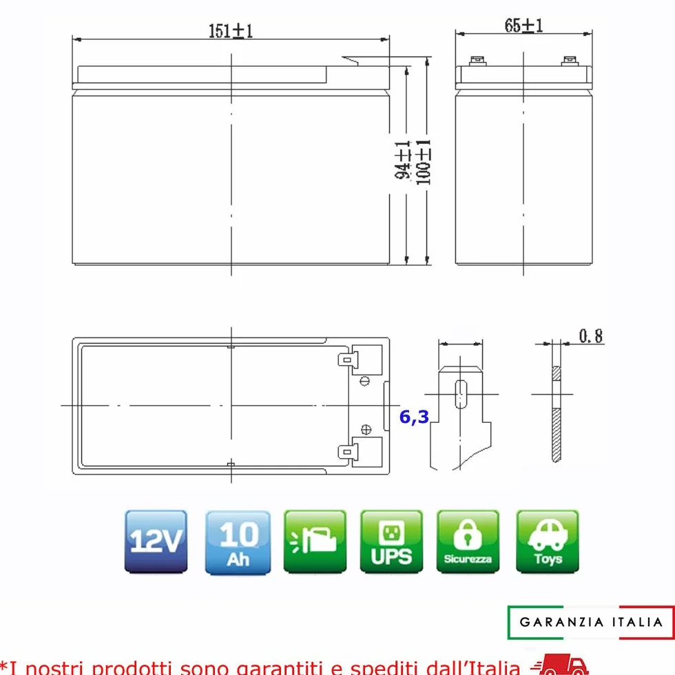 12V 9Ah 10Ah Lead Acid Batteria, 9 A 10 A, Tipo Ermetica al Piombo con Attacco Faston 6.3 mm, per UPS e Altro Uso, Nero