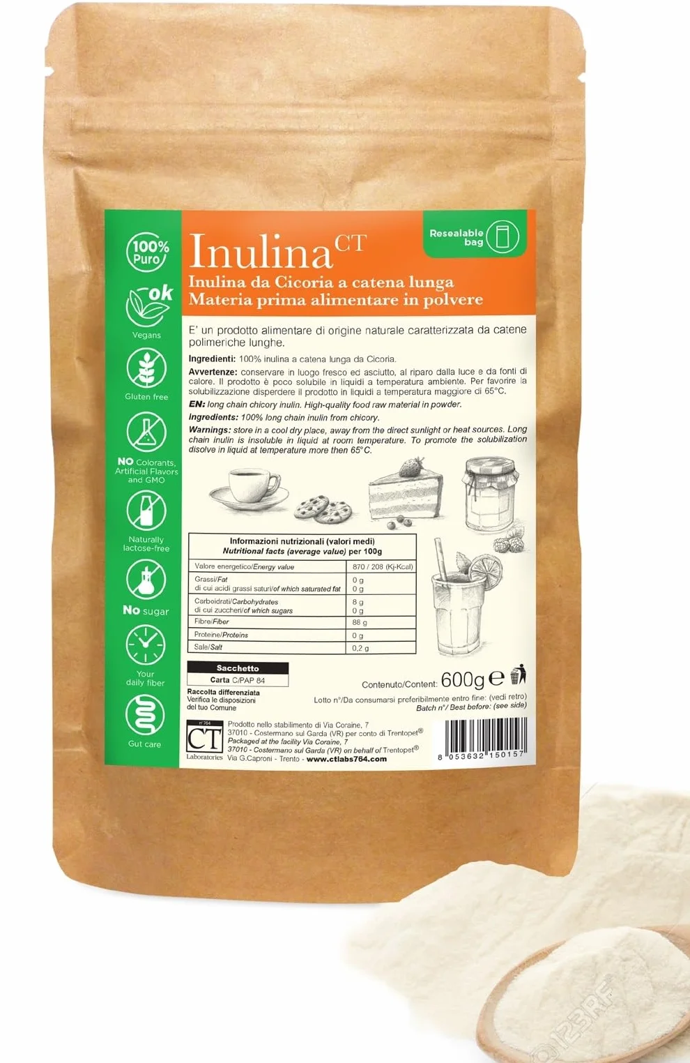 Inulina Pura da Cicoria in Polvere 600 g – Fibra Prebiotica Naturale | Supporta Flora Intestinale e Digestione | Senza Glutine, Zuccheri e Lattosio | Vegan, Keto Friendly | CTLabs