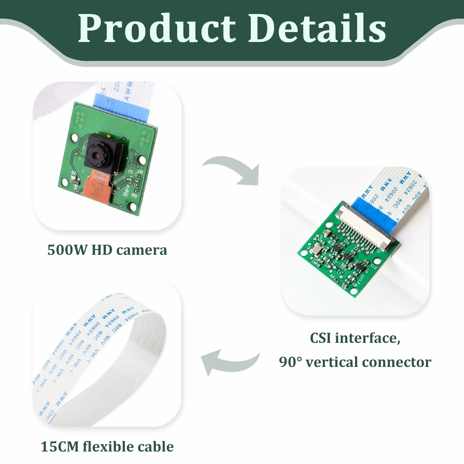 Camera Modulo Compatibile con Raspberry Pi e Raspberry Pi 3 B, 2, 1, Pi Zero, Fotocamera con Cavo Flessibile da 15 cm, Ad Alta Definizione per Progetti Fai da Te Cattura Foto Video in Alta Definizione
