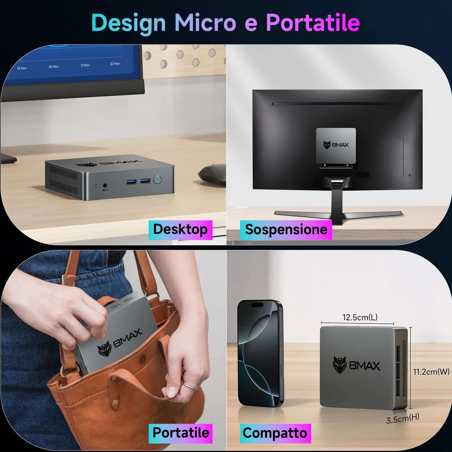 BMAX Mini PC W-11 Pro Intel N4500 8GB LPDDR4 256GB M.2 SSD WiFi 5 Bluetooth 5.0 Dual HDMI